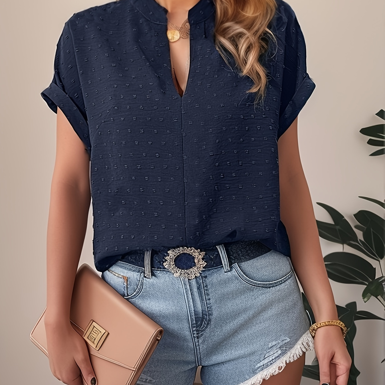 

Solid Color Notched Neck Blouse, Elegant Short Sleeve Blouse For Spring & Summer, Women's Clothing