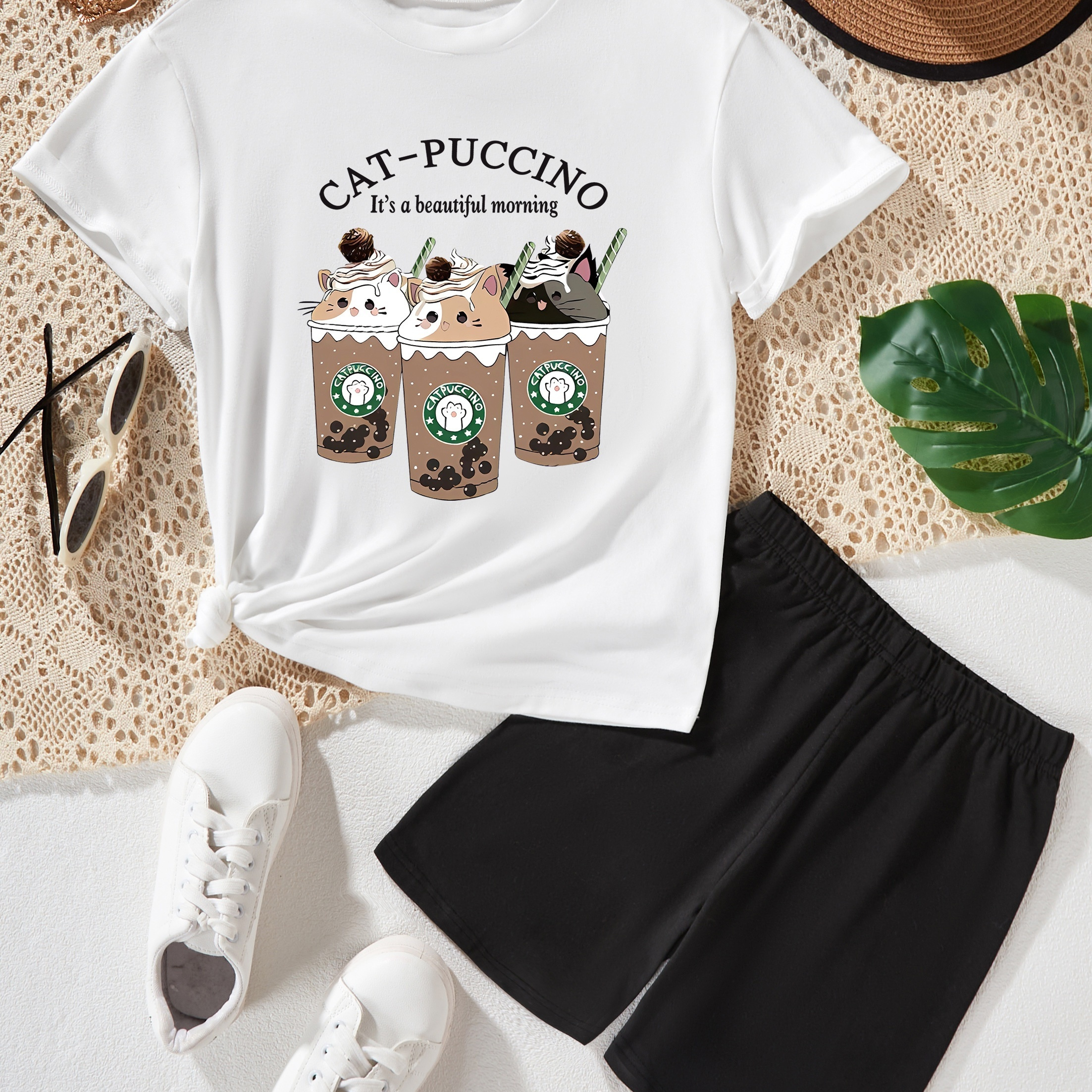 

Comfy 2pcs Girls Cartoon Cat Coffee Print Short Sleeve T-shirt Top + Shorts Set For Summer