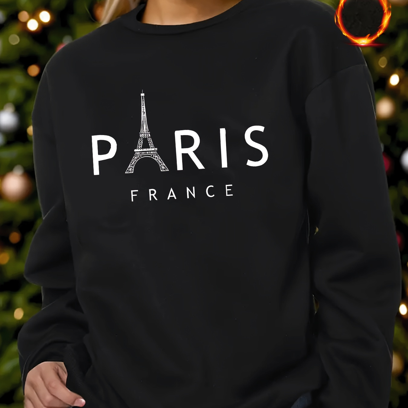 

Paris Pattern Print, Women's Round Neck Long Sleeve Sweatshirt, Plush Lined, Top For Fall And Winter, Women's Clothing