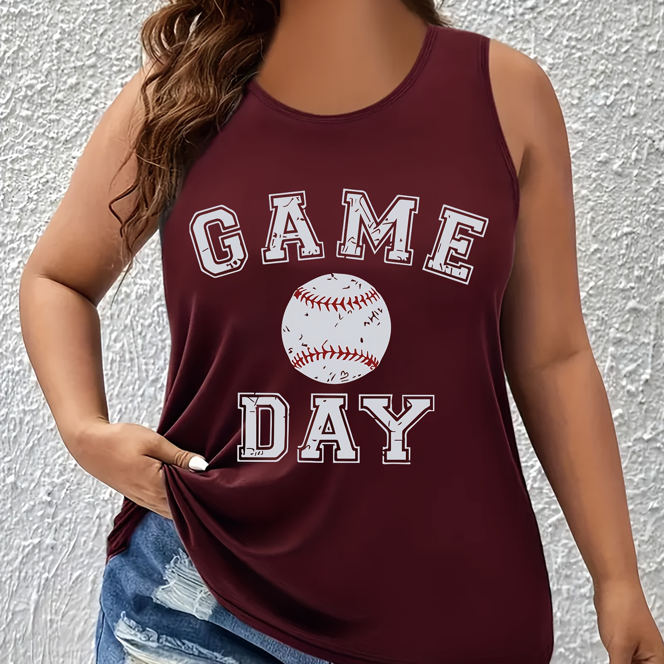 

Plus Size Baseball Print Tank Top, Casual Sleeveless Crew Neck Top For Summer & Spring, Women's Plus Size Clothing