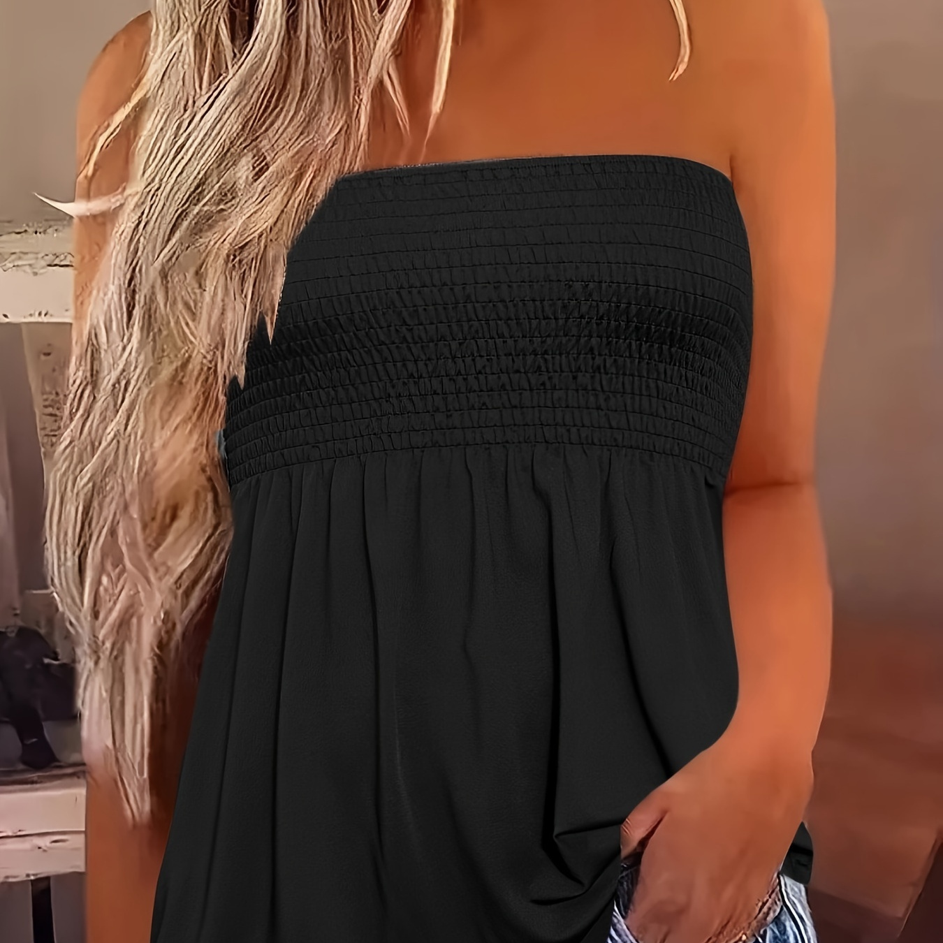 

Solid Shirred Ruffle Hem Tube Top, Casual Strapless Bandeau Top For Summer, Women's Clothing