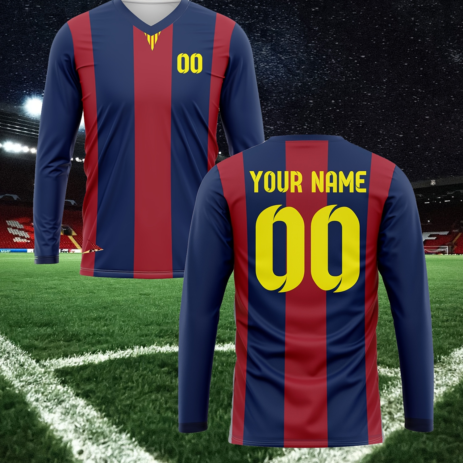 

Customized Name And Number Print, Men's Long Sleeve V-neck Football Jersey, Comfy Top For Training And , Football Accessories