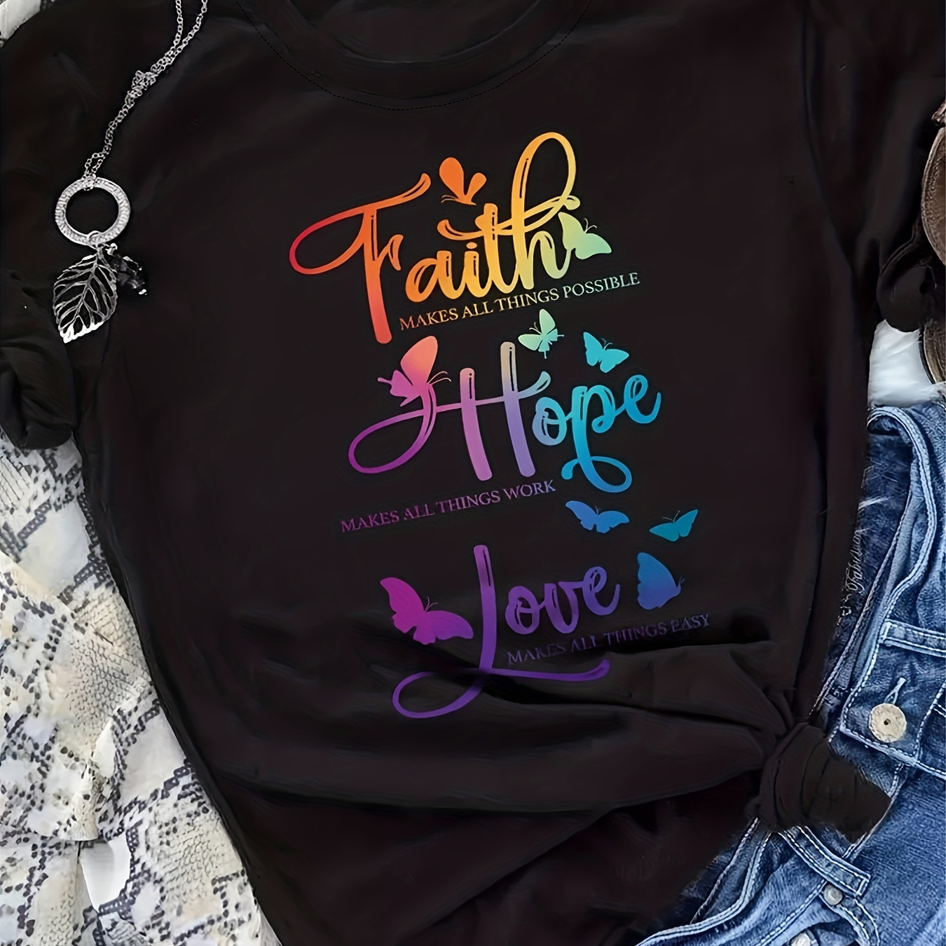 

Faith & Love Print Short Sleeve T-shirt, Round Neck Casual Every Day Top For All Season, Women's Clothing
