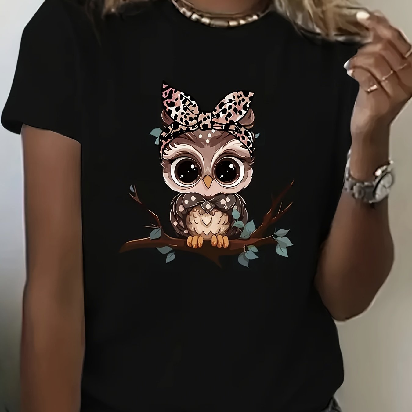 

Cartoon Owl Print Crew Neck T-shirt, Casual Short Sleeve Top For Spring & Summer, Women's Clothing
