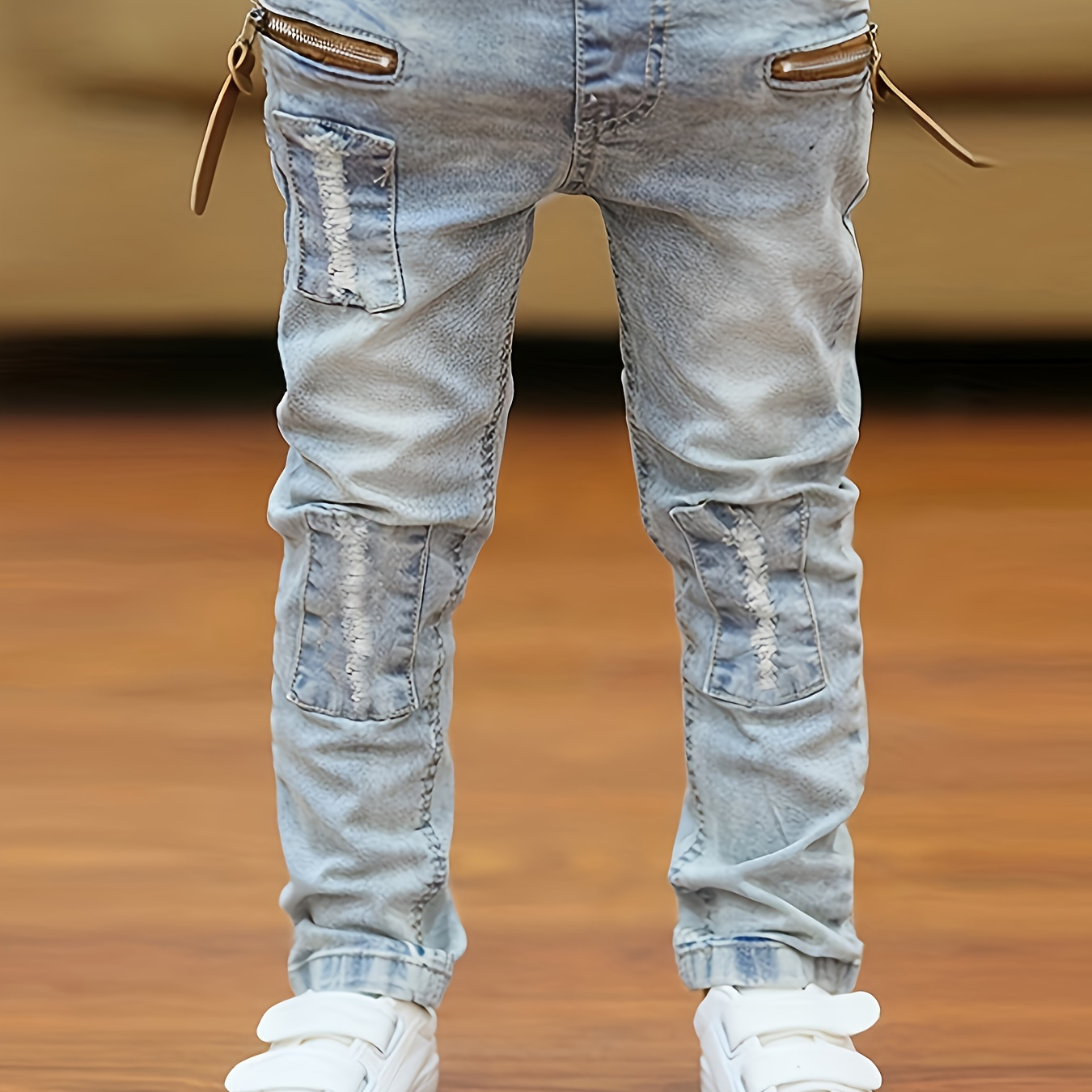 

Pantalon en jean déchiré en coton pour garçon - Design avec poches zippées - Jeans décontractés cool pour le printemps et l'automne - Cadeau tendance pour l'extérieur