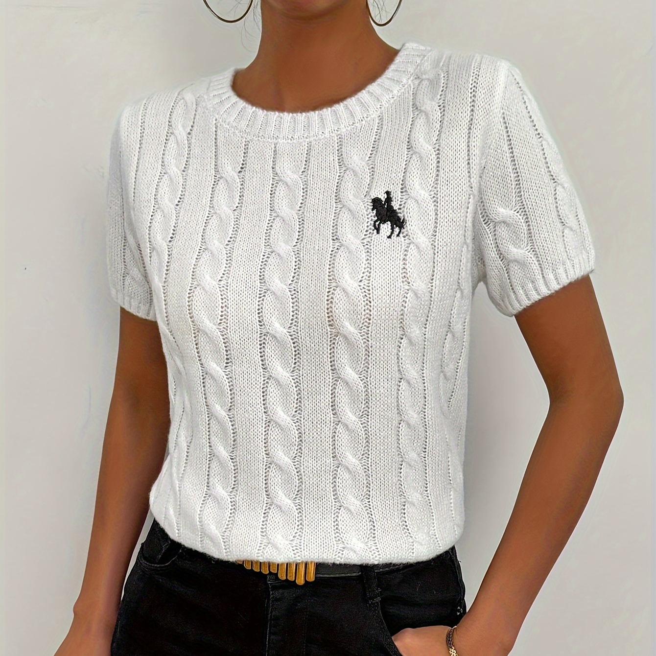 

Horse Embroidered Cable Knit Sweater, Elegant Crew Neck Short Sleeve Sweater For Spring & Summer, Women's Clothing