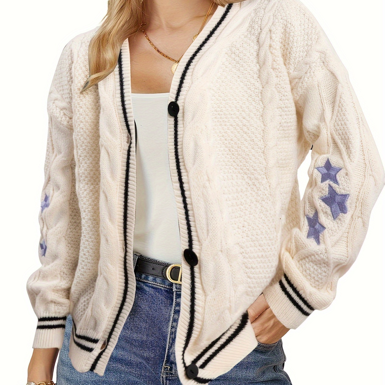 

Star Embroidery Button Front Cardigans, Casual Long Sleeve Knitted Cardigans Top For Spring & Fall, Women's Clothing