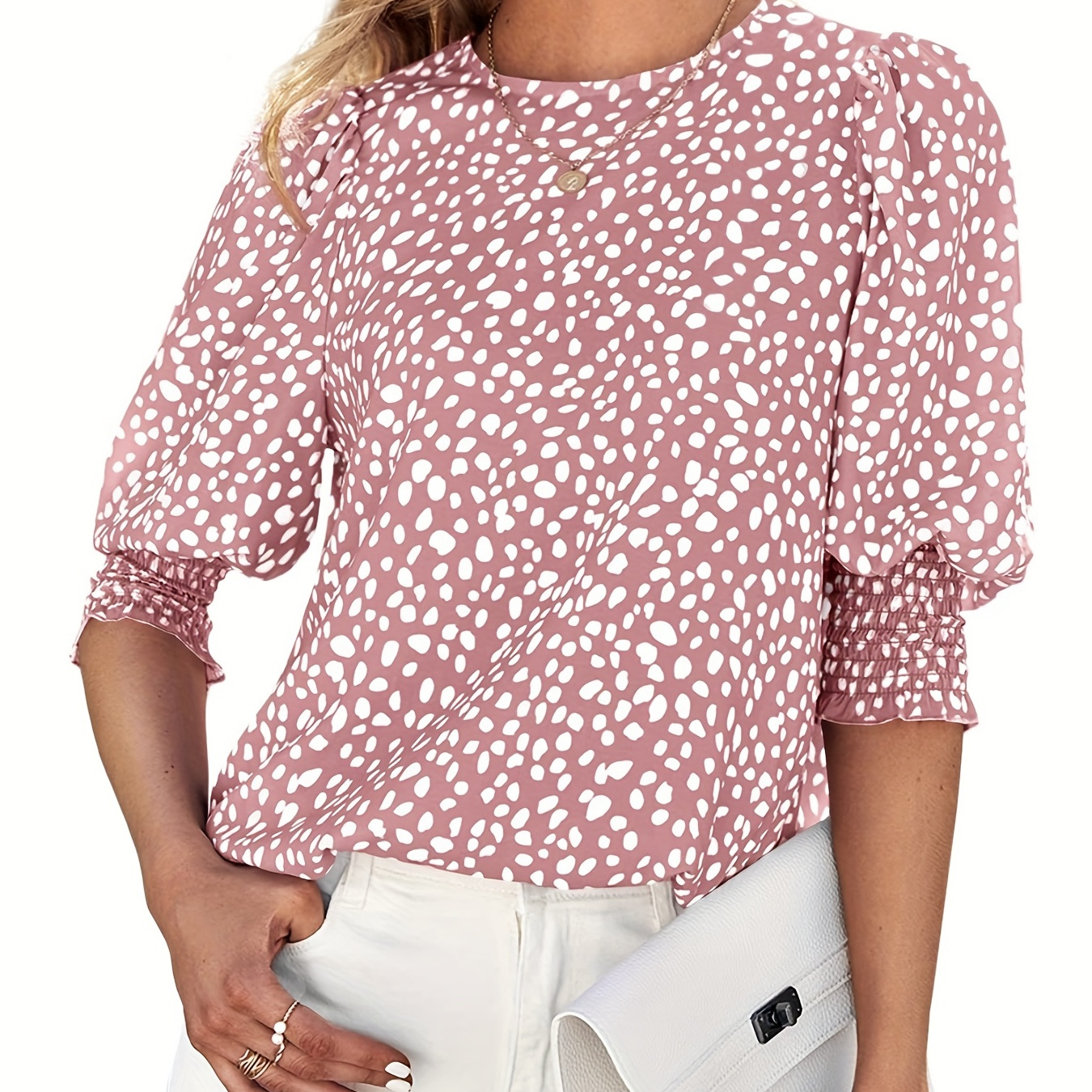

Summer Puff Sleeve Blouse, Half Sleeve Crew Neck Casual Top, Women's Clothing