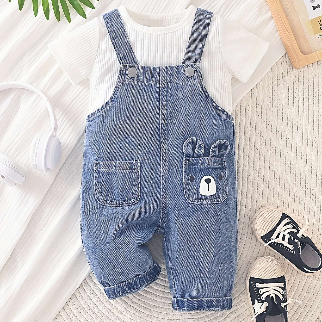 

2pcs Baby's Bear Print Denim Overalls & Casual Ribbed Short-sleeve Top, Toddler & Infant Boy's Clothing Set For Spring Summer