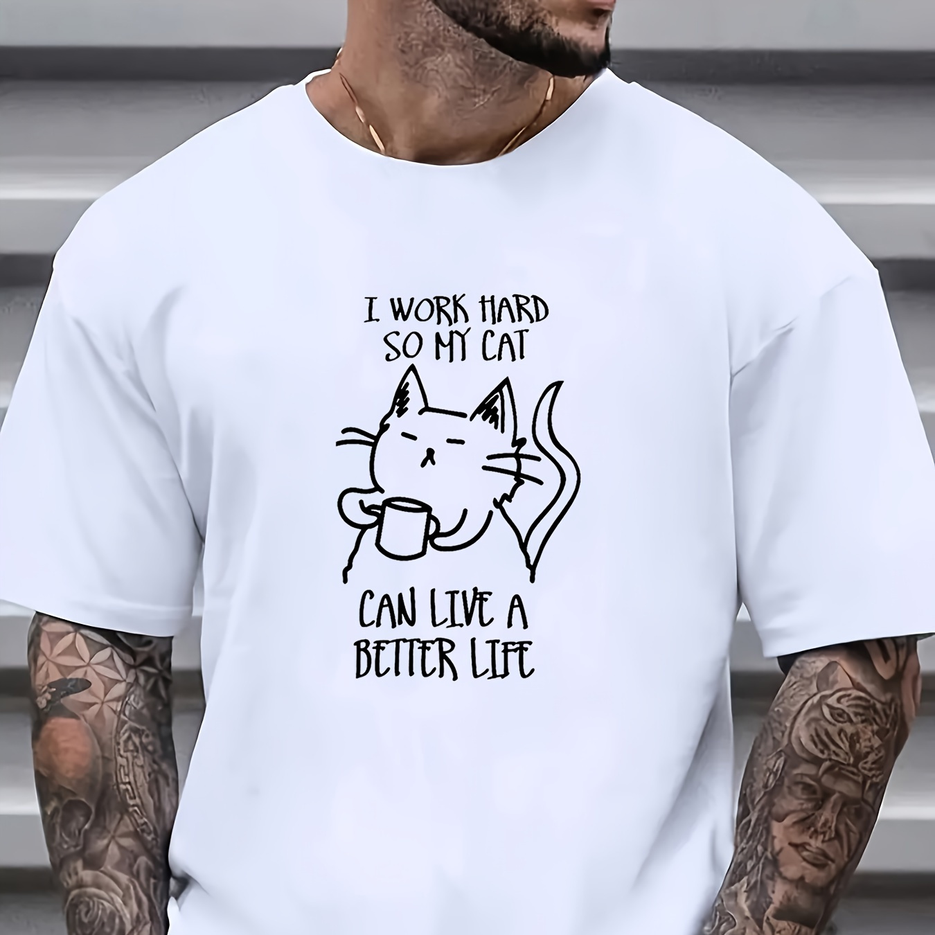 

Men's Casual Cotton Short Sleeve, Stylish T-shirt With "i Work Hard So My Cat Can Have A Better Life"creative Print, Summer Fashion Top, Crew Neck Tee-shirt For Male