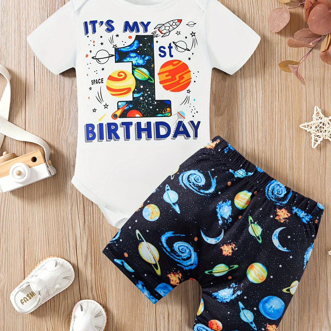 

Baby Boy's Birthday Cotton Outfit, Space Theme Short Sleeve Romper + Pants Set, Casual Style, Cake Smash Bodysuit, Infant Party Clothing, With Stars & Planets Design