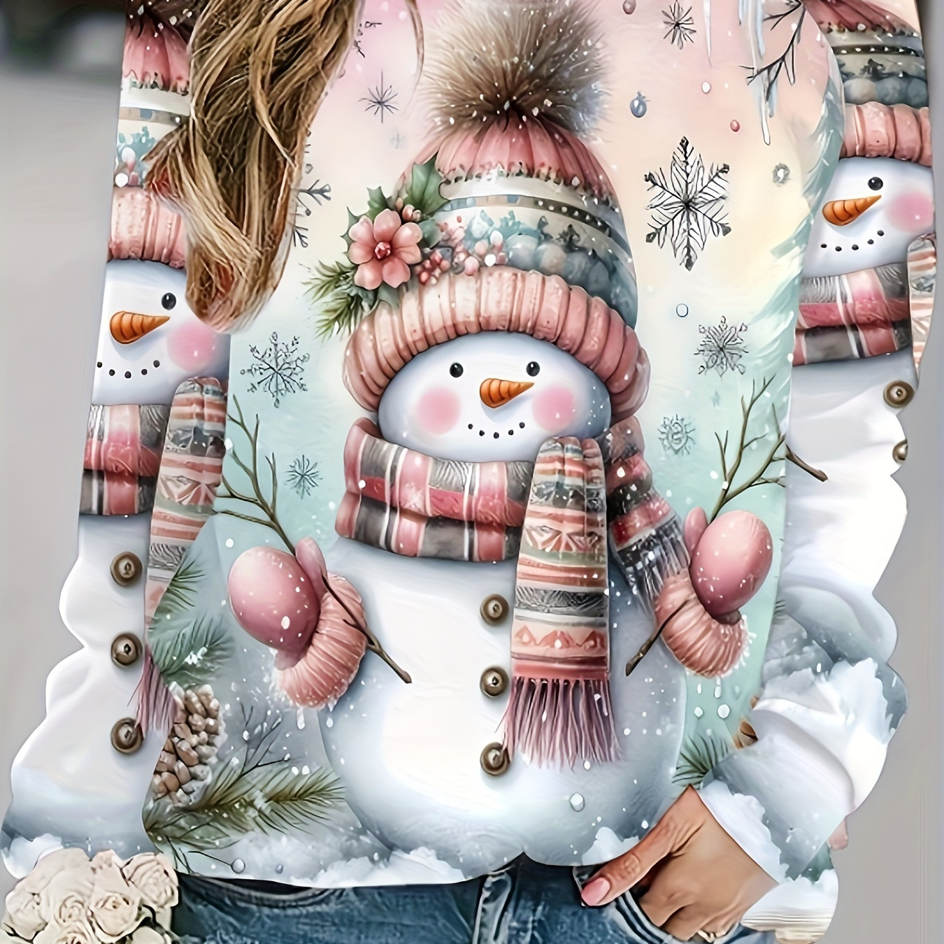 

) Women's Christmas Snowman Print Pullover Sweatshirt - Cozy Long Sleeve Crewneck With , Pine Branches & Snowflakes Design, Soft Polyester-spandex , & Casual Wear, Winter Accessories