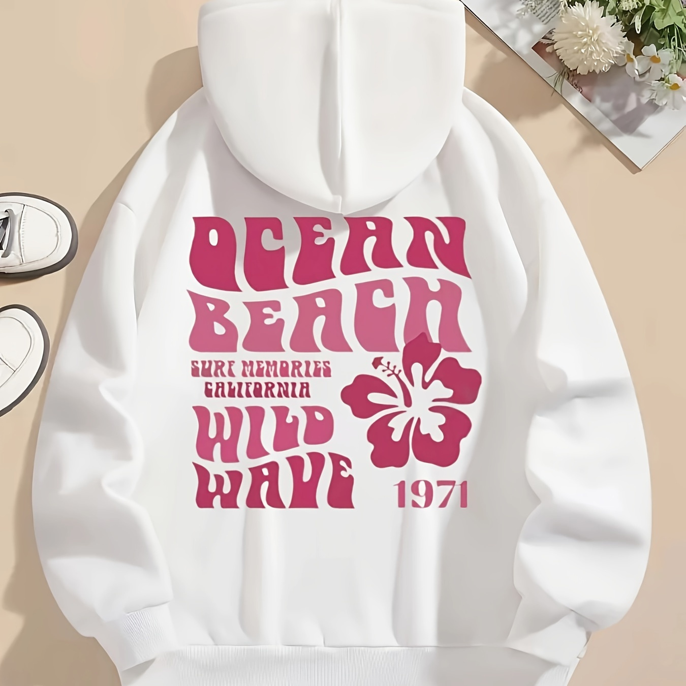 

Ocean Beach Print Kangaroo Pocket Hoodie, Casual Long Sleeve Drawstring Hooded Sweatshirt, Women's Clothing