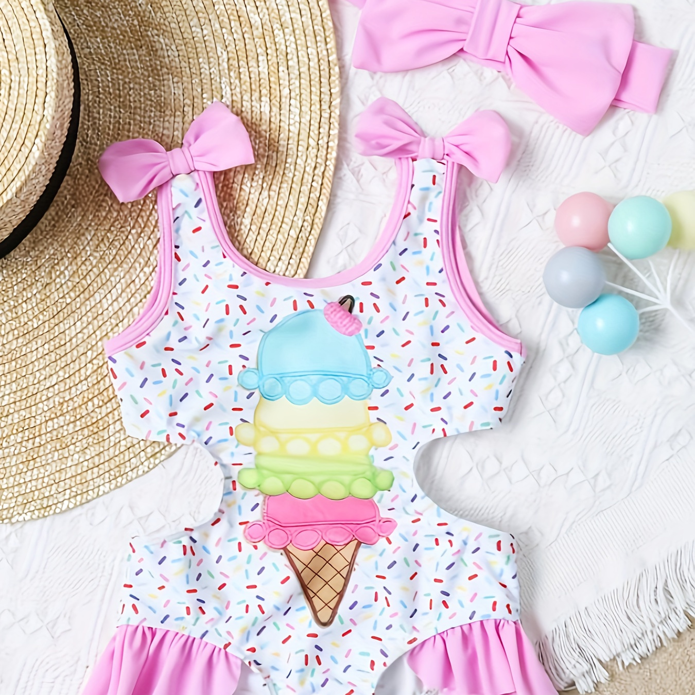 

Cute Girls Stretchy Ice Cream Graphic Ruffle Trim Bow Decor Swimwear Bathing Suit For Summer