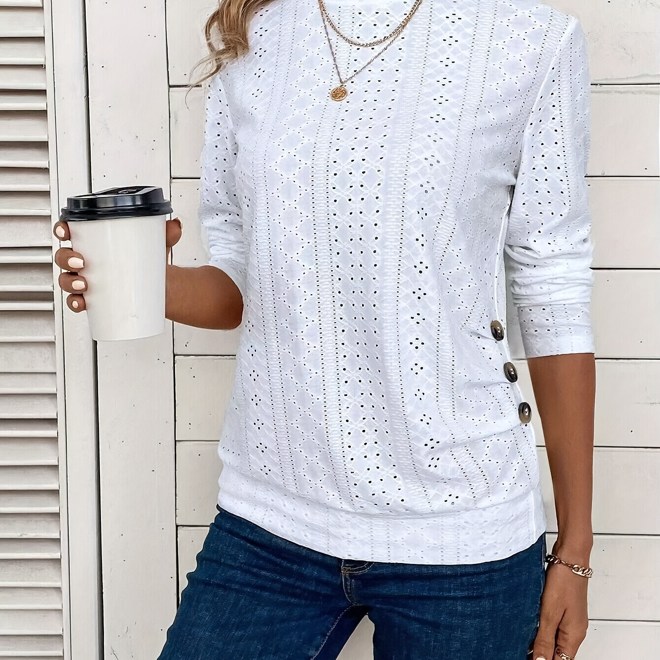 

Button Decor Eyelet Long Sleeve T-shirt, Casual Solid Crew Neck Top For Spring & Fall, Women's Clothing