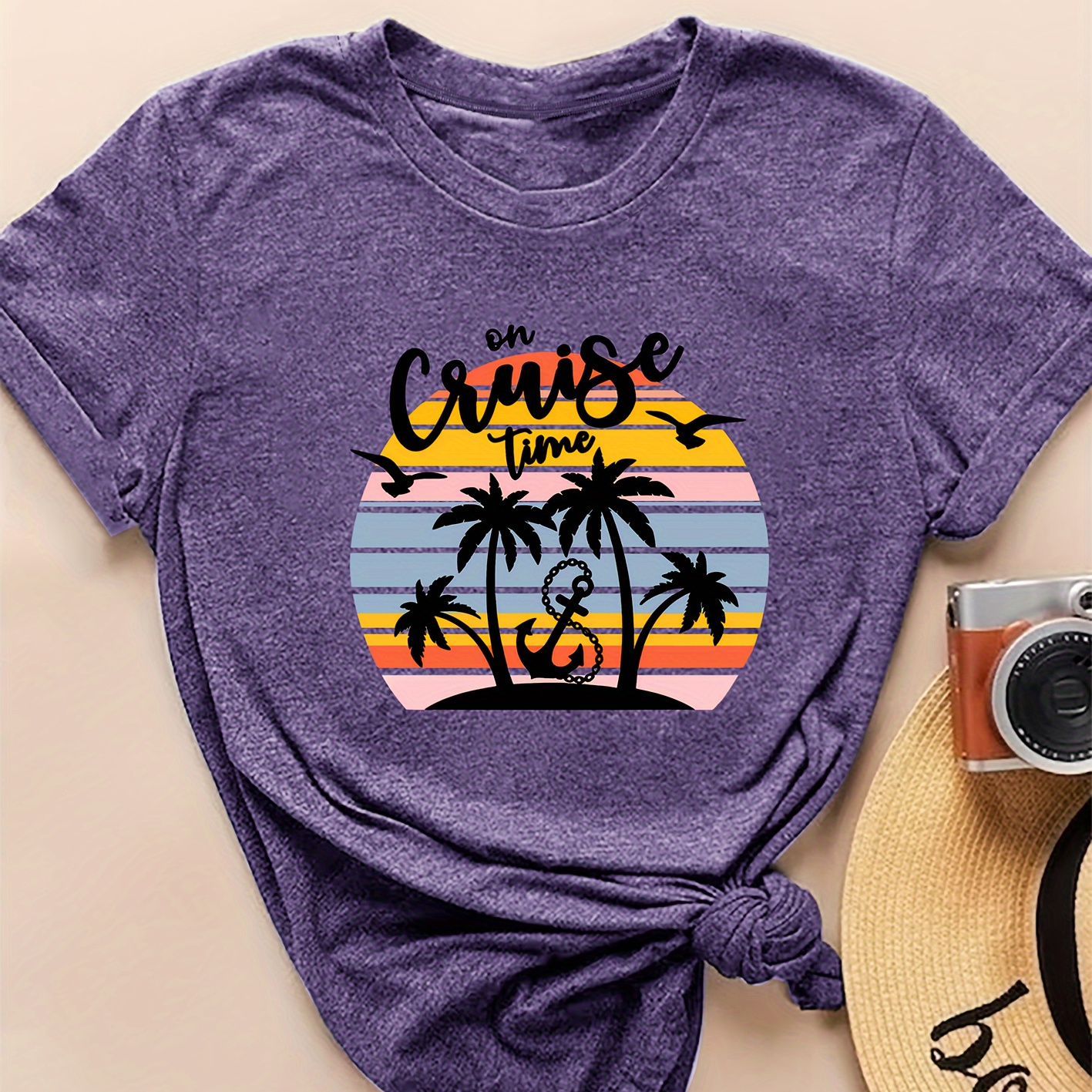 

Cruise Time" Graphic Tee, Women's Casual Sporty T-shirt, Vintage Palm Tree & Seagull Print, Round Neck, Short Sleeve