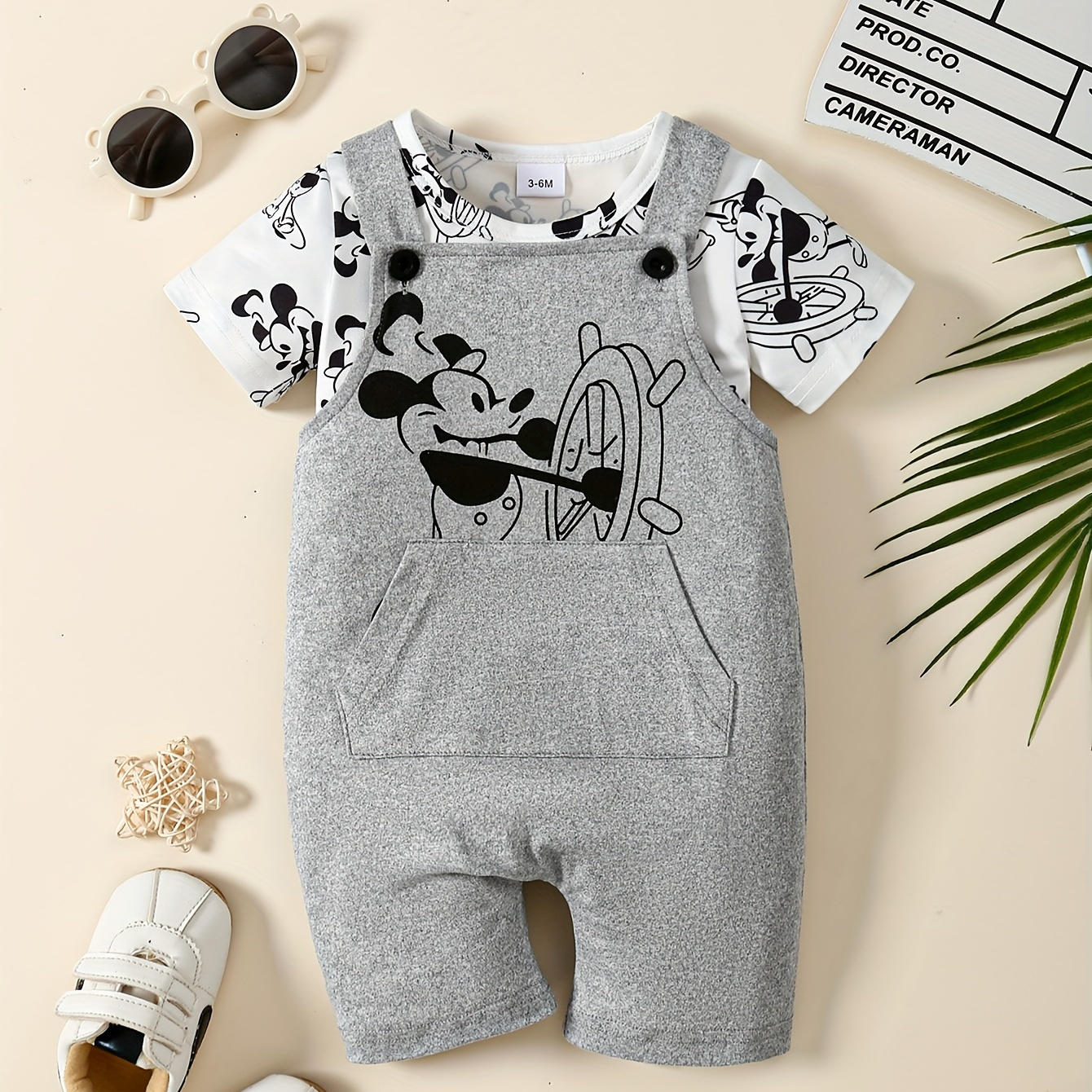 

Toddler Boys 2-piece Set Cartoon Cute Summer Outfit, Short Sleeve T-shirt + Suspender Pants With Pockets, Casual Baby Set