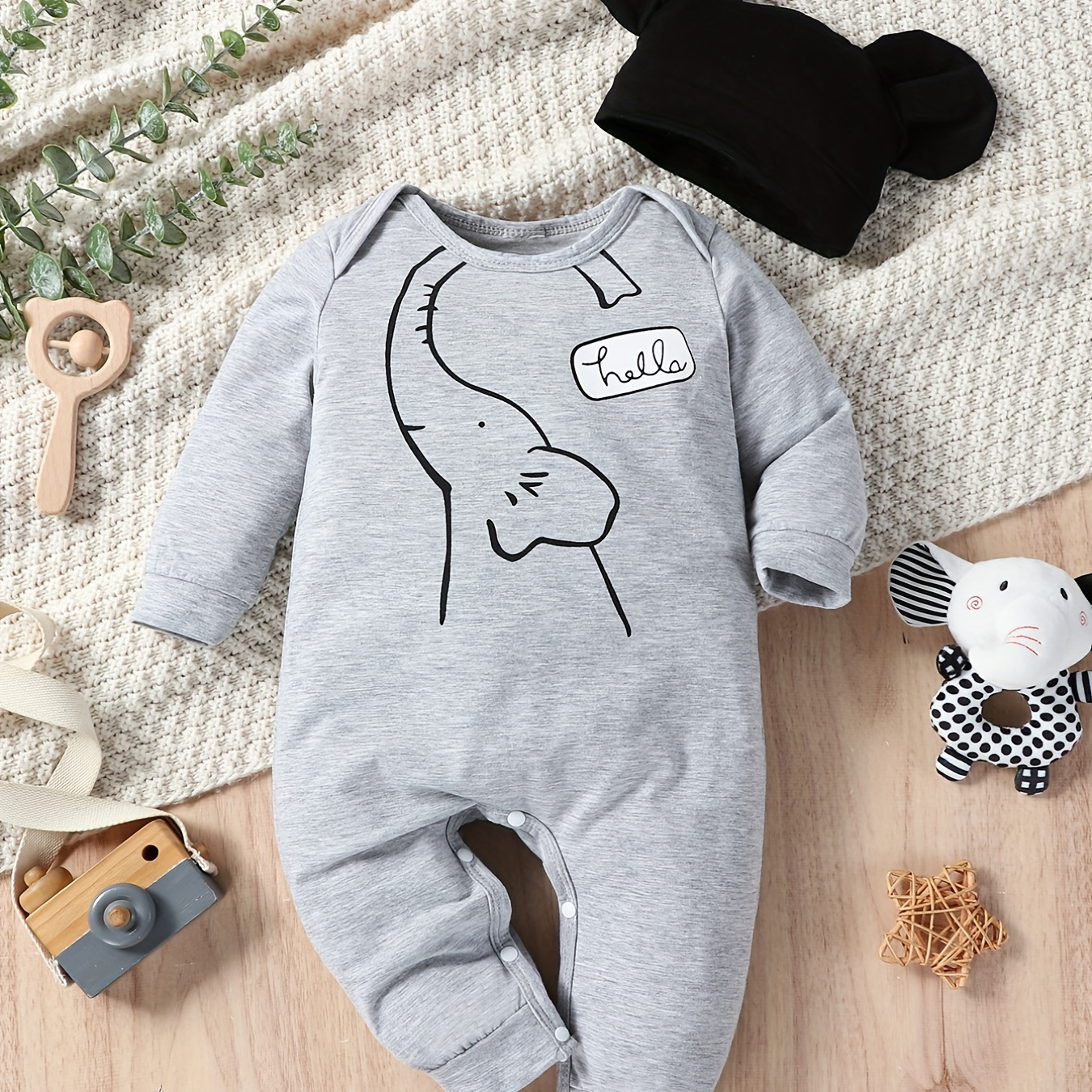 

2pcs Baby Boys Elephant Graphic Long Sleeves Romper & Comfortable Breathable Casual For Spring And Autumn