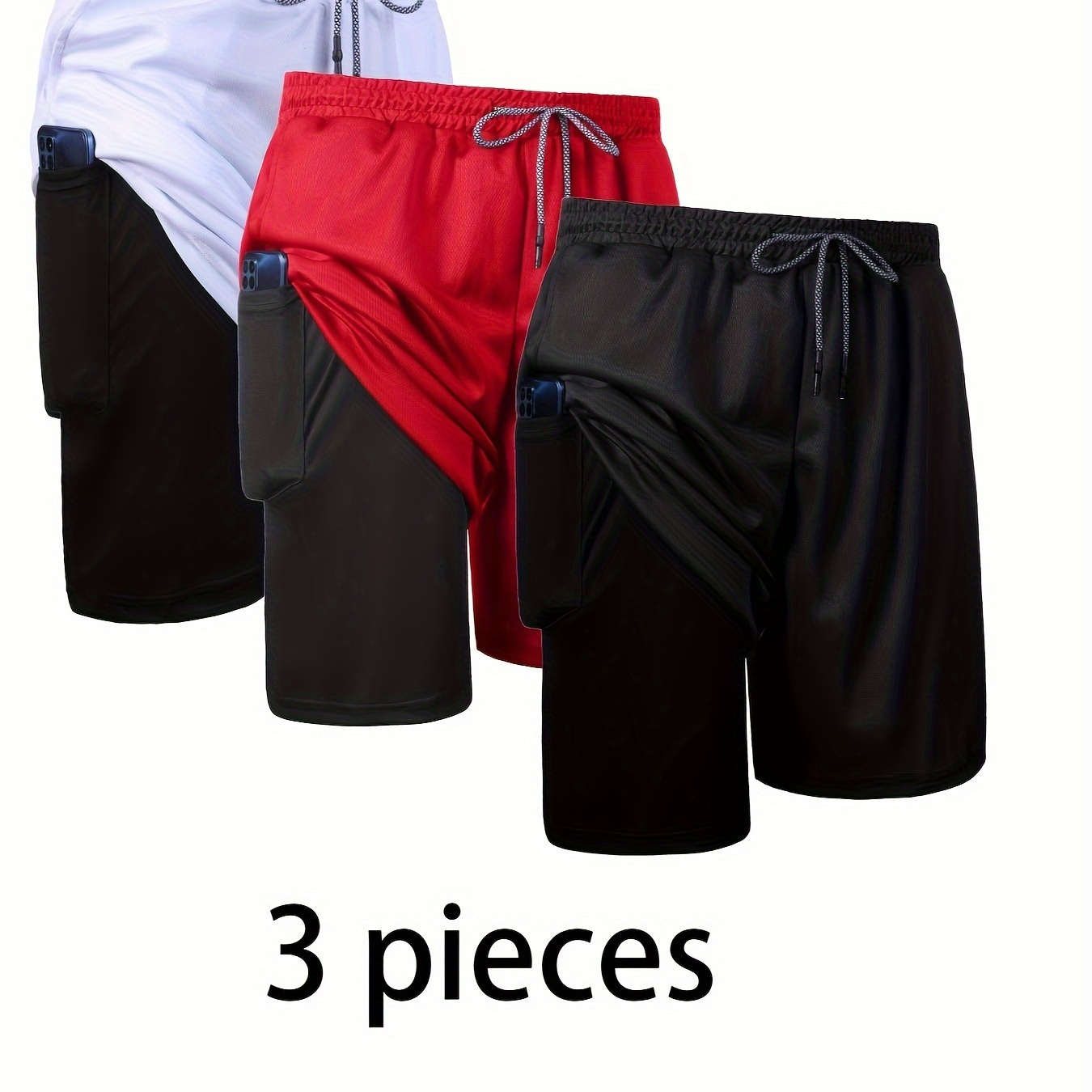 

3 pièces de shorts de -en-1 pour hommes, en polyester, à stretch moyen, de couleur unie, avec une poche intérieure pour le basket-ball, , l'exercice et l'entraînement.