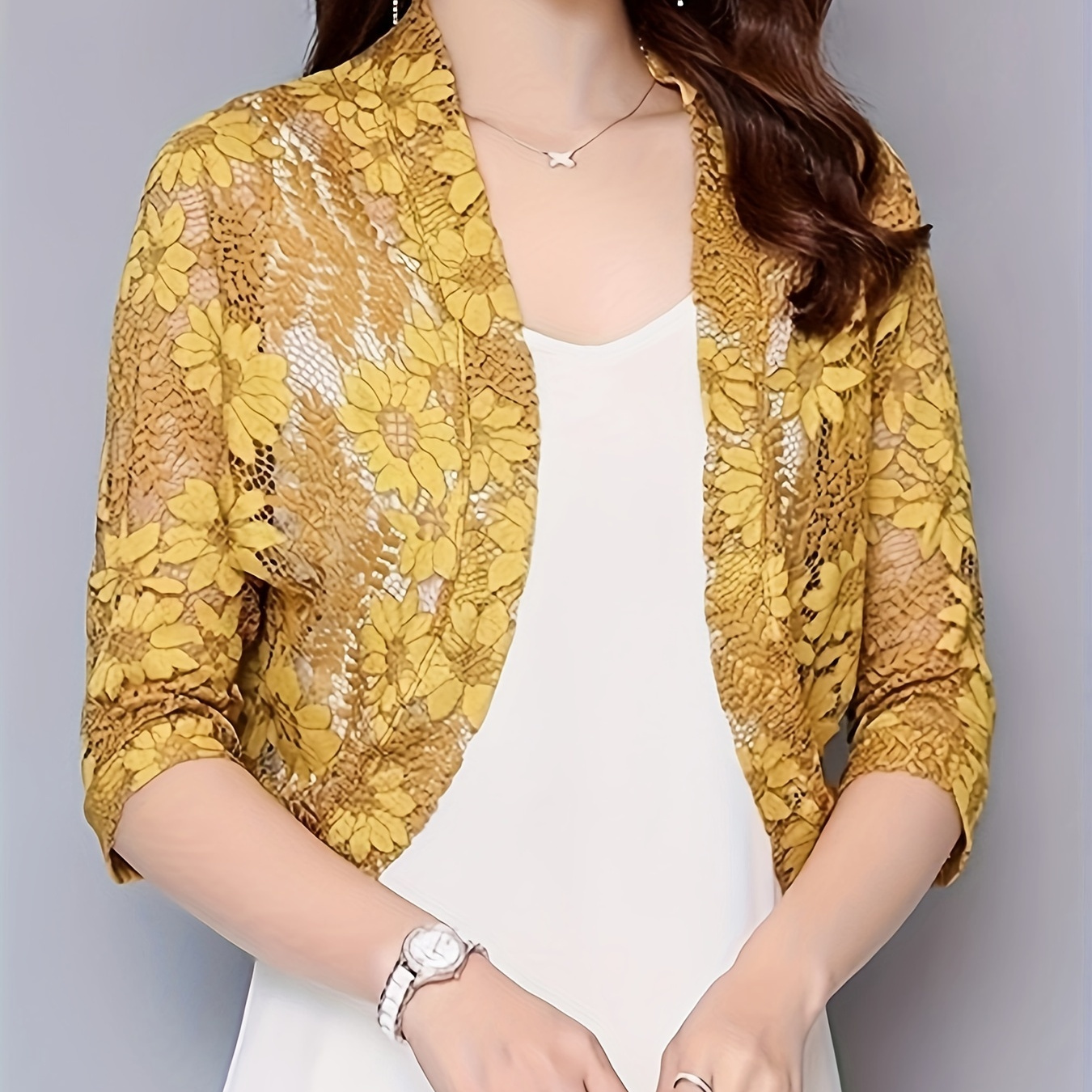

Guipure Lace Open Front Shirt, Elegant Half Sleeve Lightweight Shirt For Spring & Summer, Women's Clothing