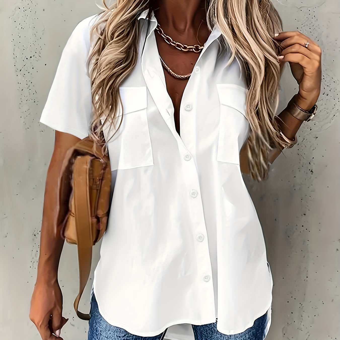

Solid Color Button Front Shirt, Casual Short Sleeve Curved Hem Shirt For Spring & Summer, Women's Clothing