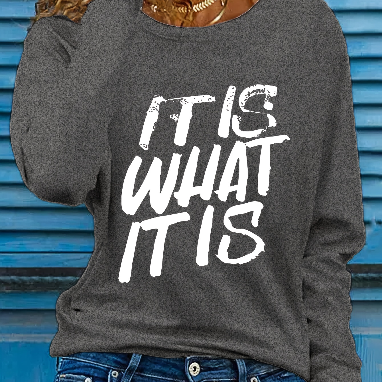 

Casual Polyester Crew Neck Long Sleeve T-shirt With " What " Applique Lettering, Regular Length Knit Fabric Top For Fall Season