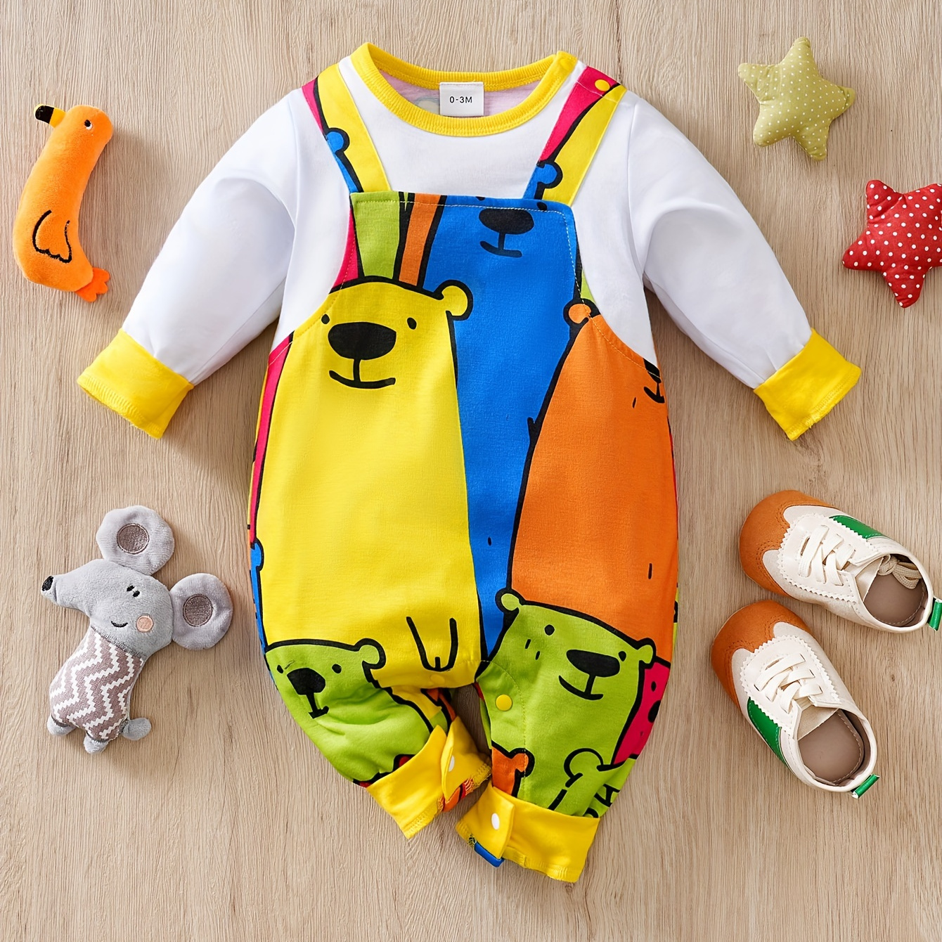 

Baby's Cartoon Colorful Bear Pattern Faux Two-piece Casual Long Sleeve Romper, Toddler & Infant Boy's Bodysuit