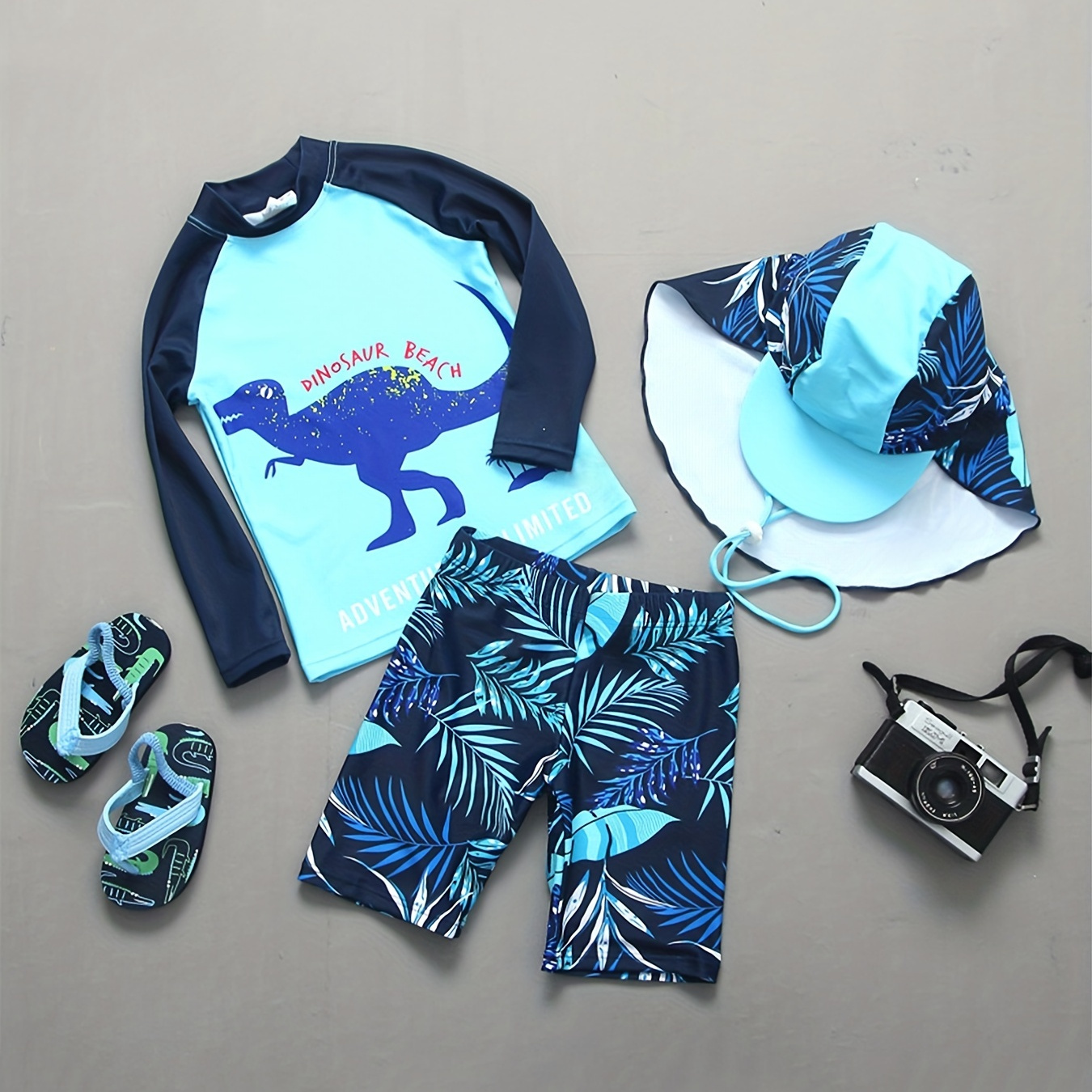 

3pcs Boys "dinosaur Beach" Leaf Print Swimming Suit Swimming Trunks & Tops & For Beach Vacation Kids Clothes Sets
