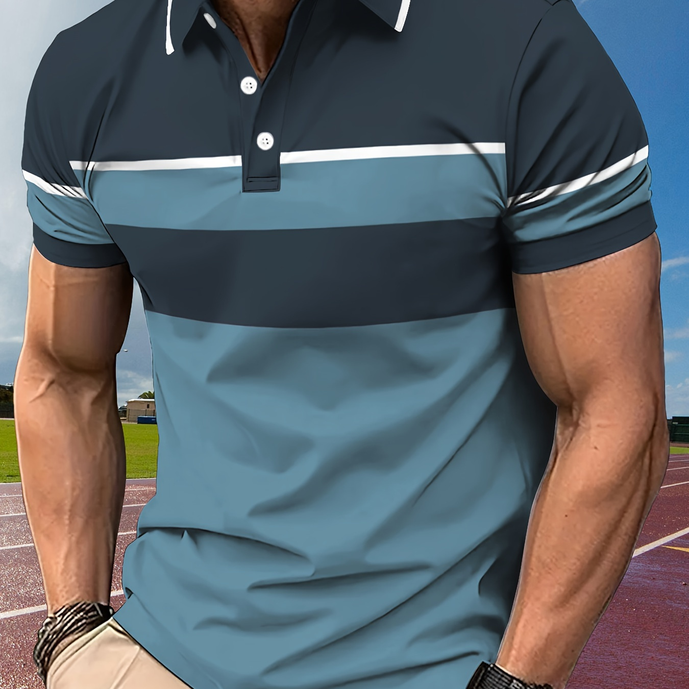 

Men's Color Blocking Stripes Pattern Short Sleeve Lapel T-shirt For Summer, Casual Stylish Streetwear Tops As Gift For Summer
