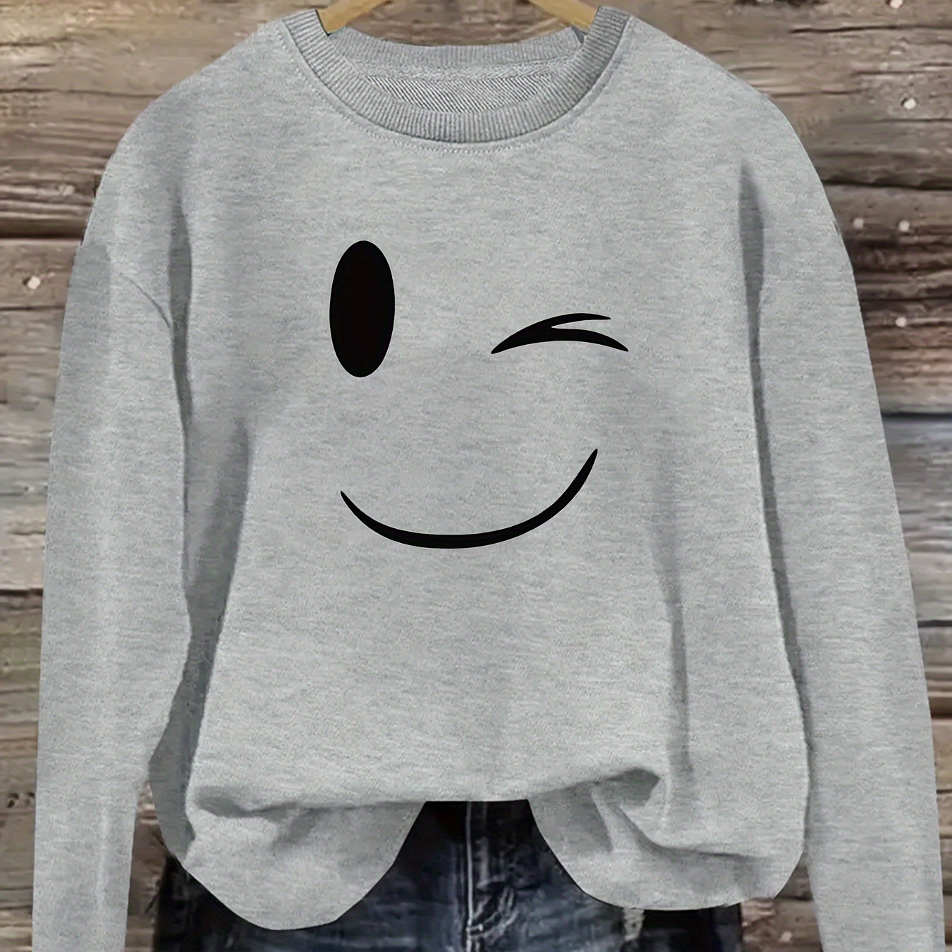 

Cartoon Whimsy, Women's Casual Crew Neck Sweatshirt With Face Print - Cozy Long Sleeve Pullover, Machine Washable