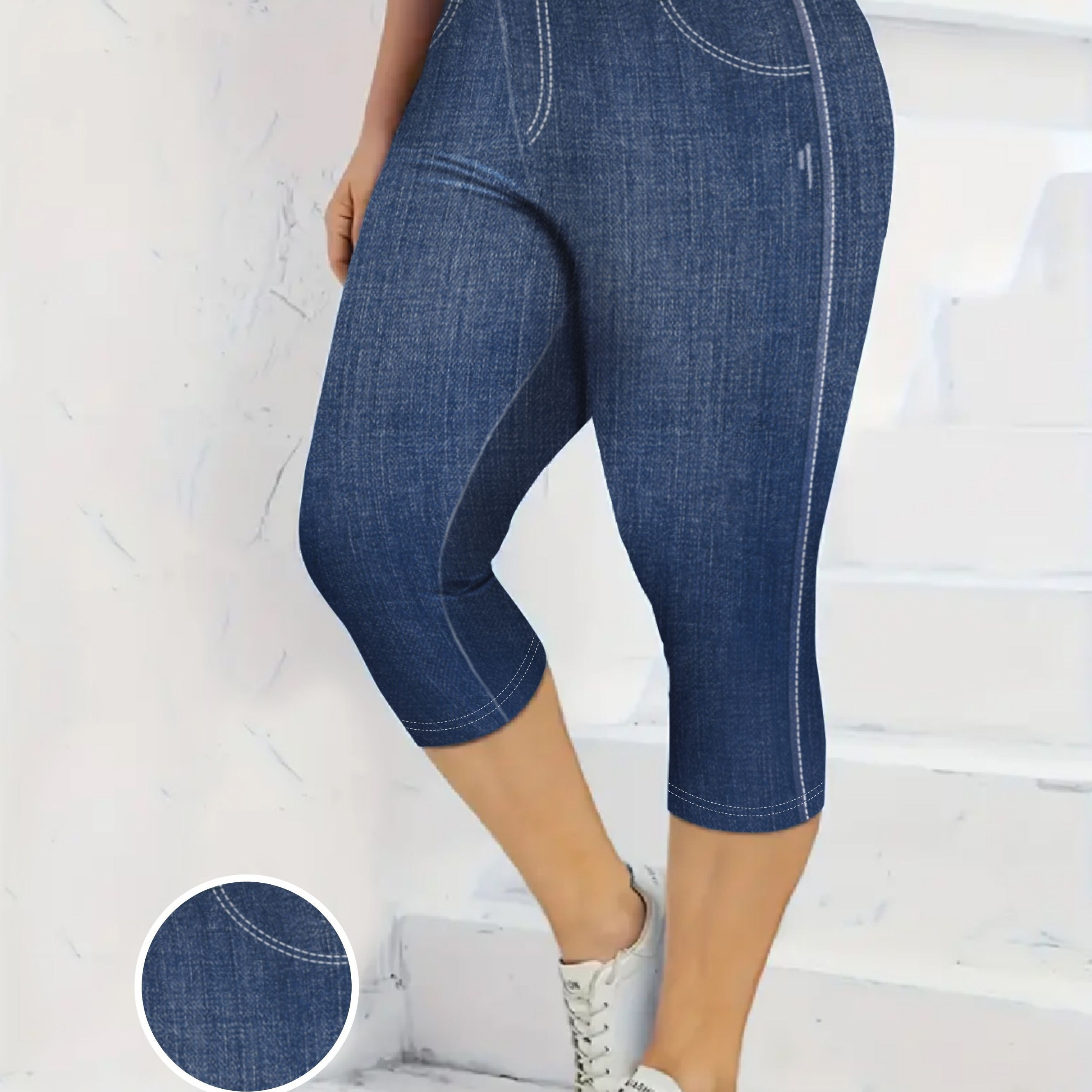 

Plus Size All Over Print Capri Leggings, Casual Faux Denim Stretchy Leggings For Spring & Summer, Women's Plus Size Clothing