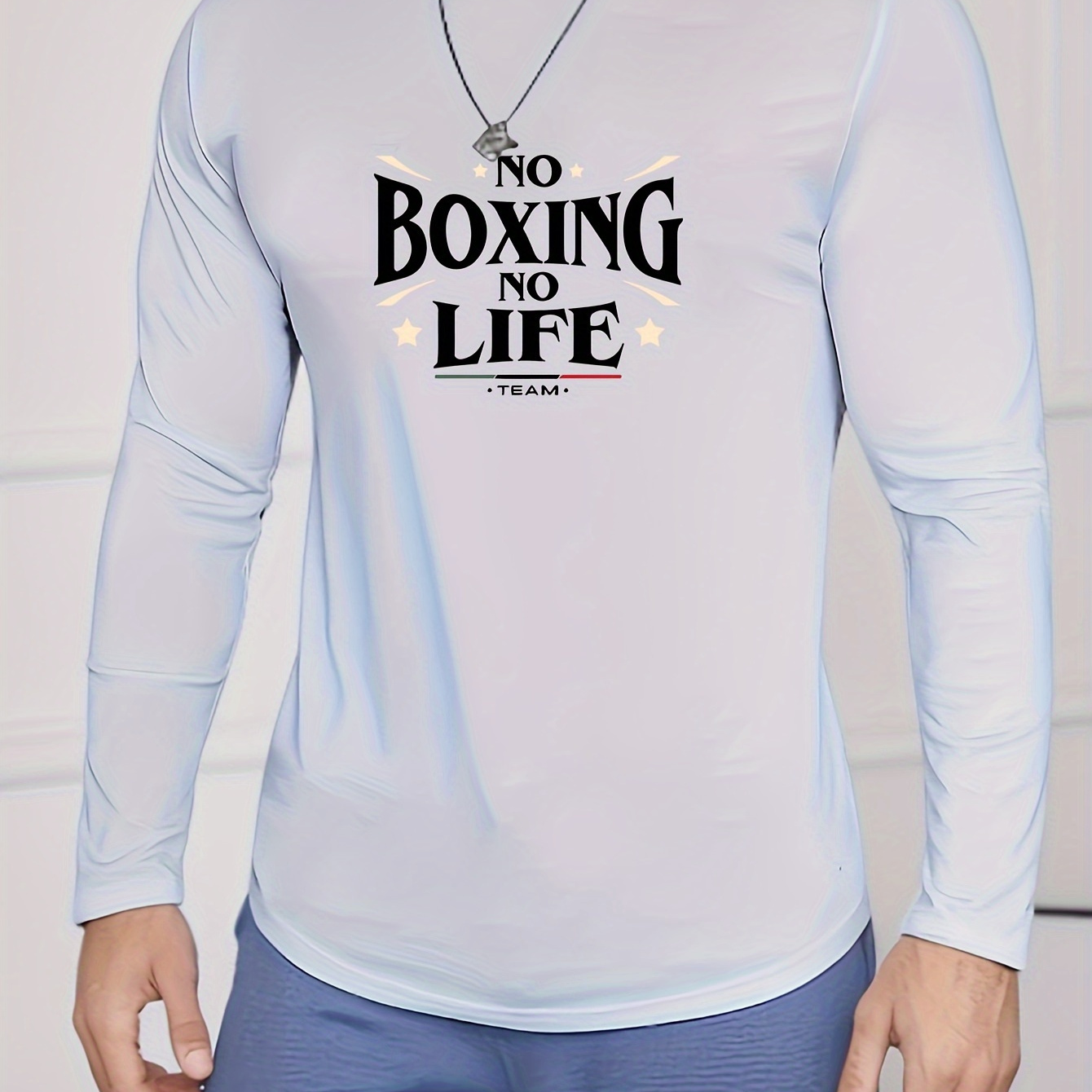 

Men's Casual Crew Neck Long Sleeve T-shirt - Polyester Blend, Hot Stamped 'no Boxing ' Print, Regular Fit, Medium Stretch, Knit Fabric, Ideal For Casual Wear & Sports -