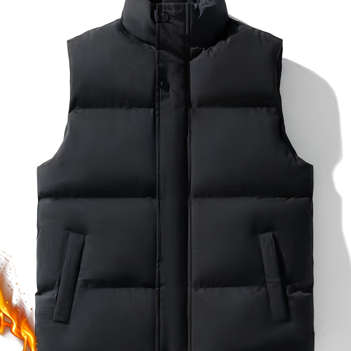 

Men's Polyester Puffer Vest, Autumn/ Winter Thickened Warm Casual Athletic Sleeveless Jacket With Stand Collar, Full Length Zip, Solid Color, Regular Fit