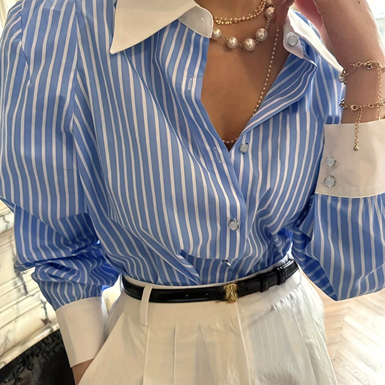 

[customer ] Elegant Striped Shirt For Women - Polyester, Machine Washable, Non-sheer With Button Detail, Fall/winter