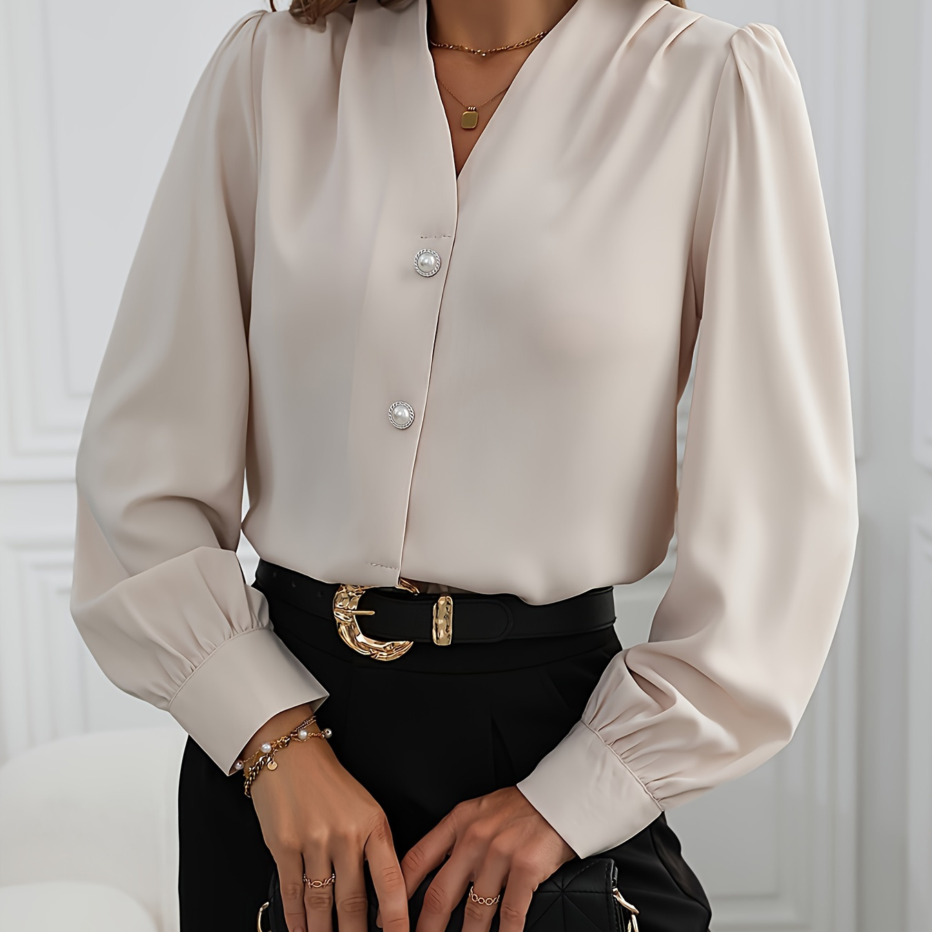 

Solid Button Up Lantern Long Sleeve Shirt, Elegant V-neck Work & Office Shirt, Women's Clothing