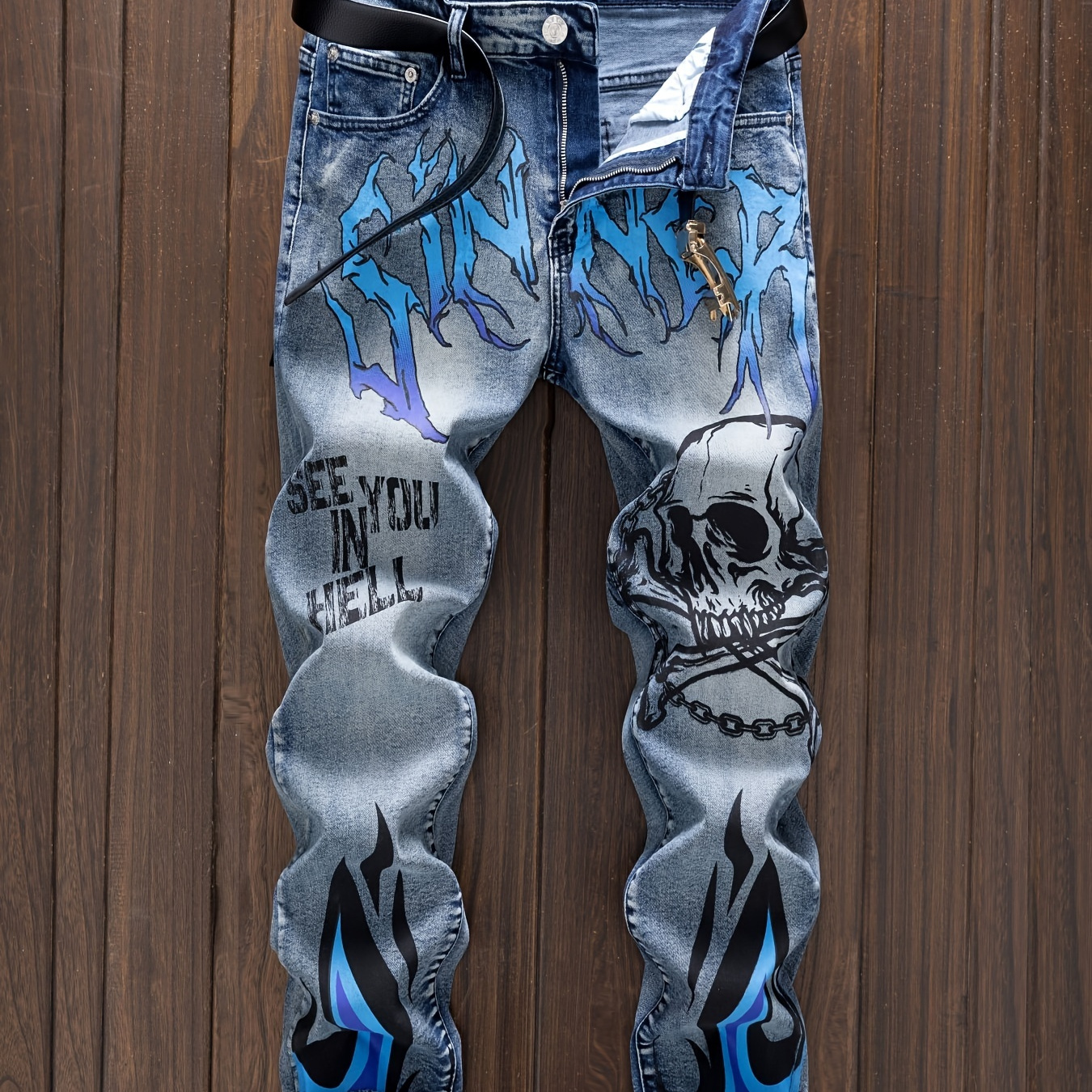 

Men's Casual Graffiti Print Skinny Jeans, Chic Stretch Denim Pants