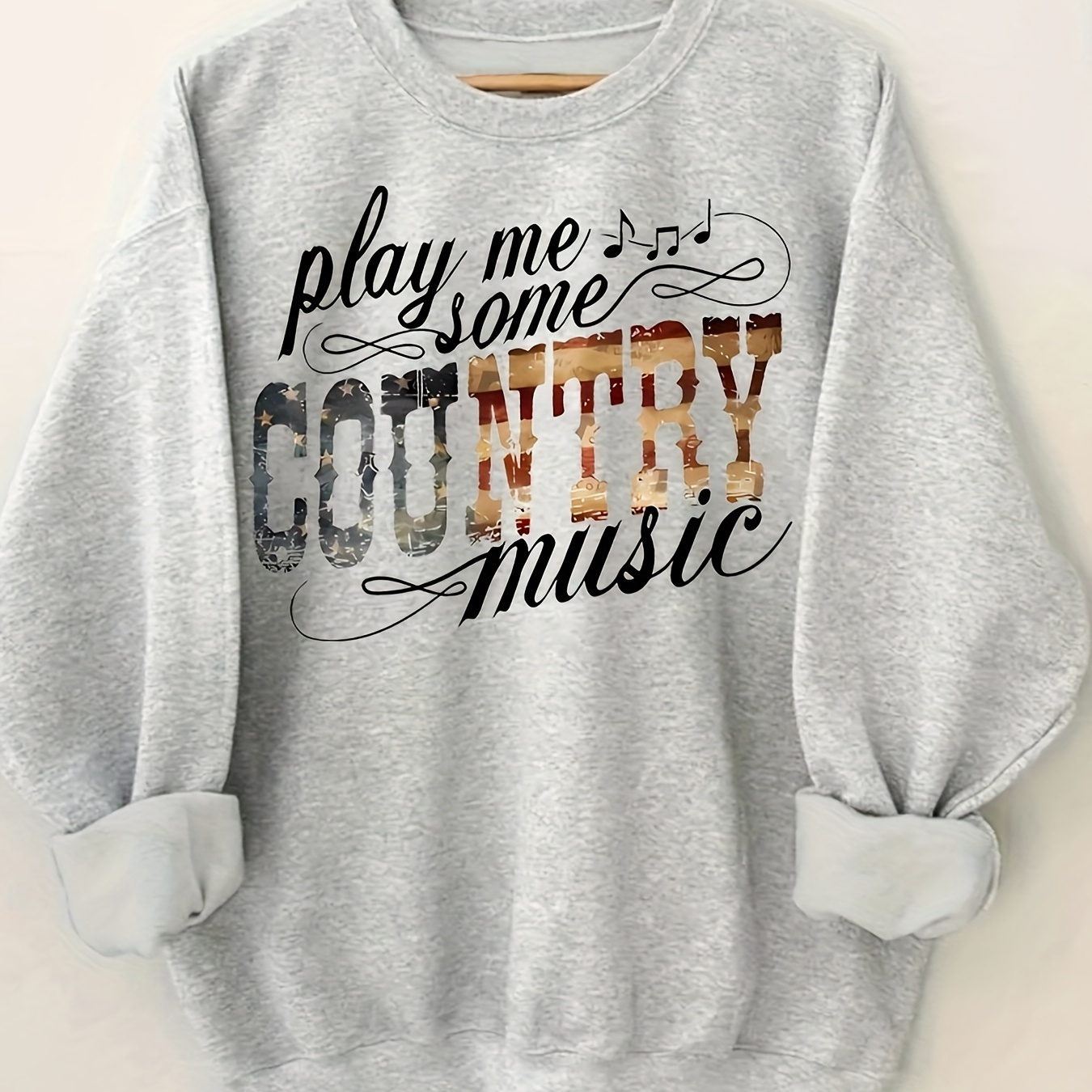 

| Women's Cozy Gray Country Music Sweatshirt - Long Sleeve, Round Neck, 100% Polyester Pullover With Alphabet Design, Fall/winter