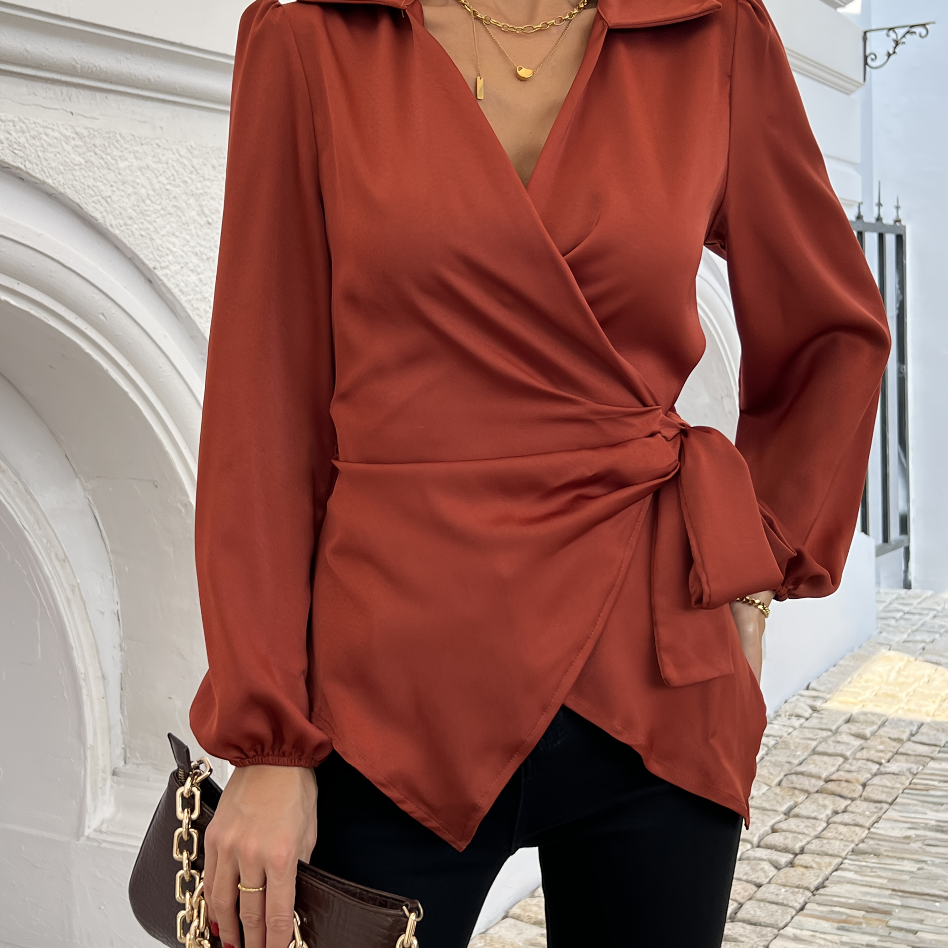 

Women's V-neck Satin Blazer With Belt, Long Sleeve Polyester Shirt, Asymmetrical Hem, Regular Fit, Solid Color, Spring/fall Season, Mature , Woven Fabric