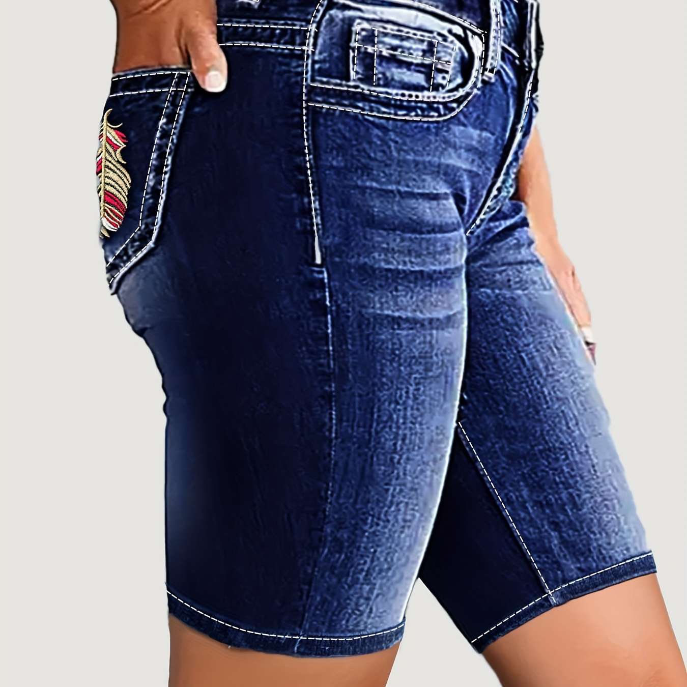 

Women's Bermuda High-waisted Denim Shorts, Blue Feather & Arrow Embroidery, Vintage Style, Slim Fit, Comfortable Casual Jean