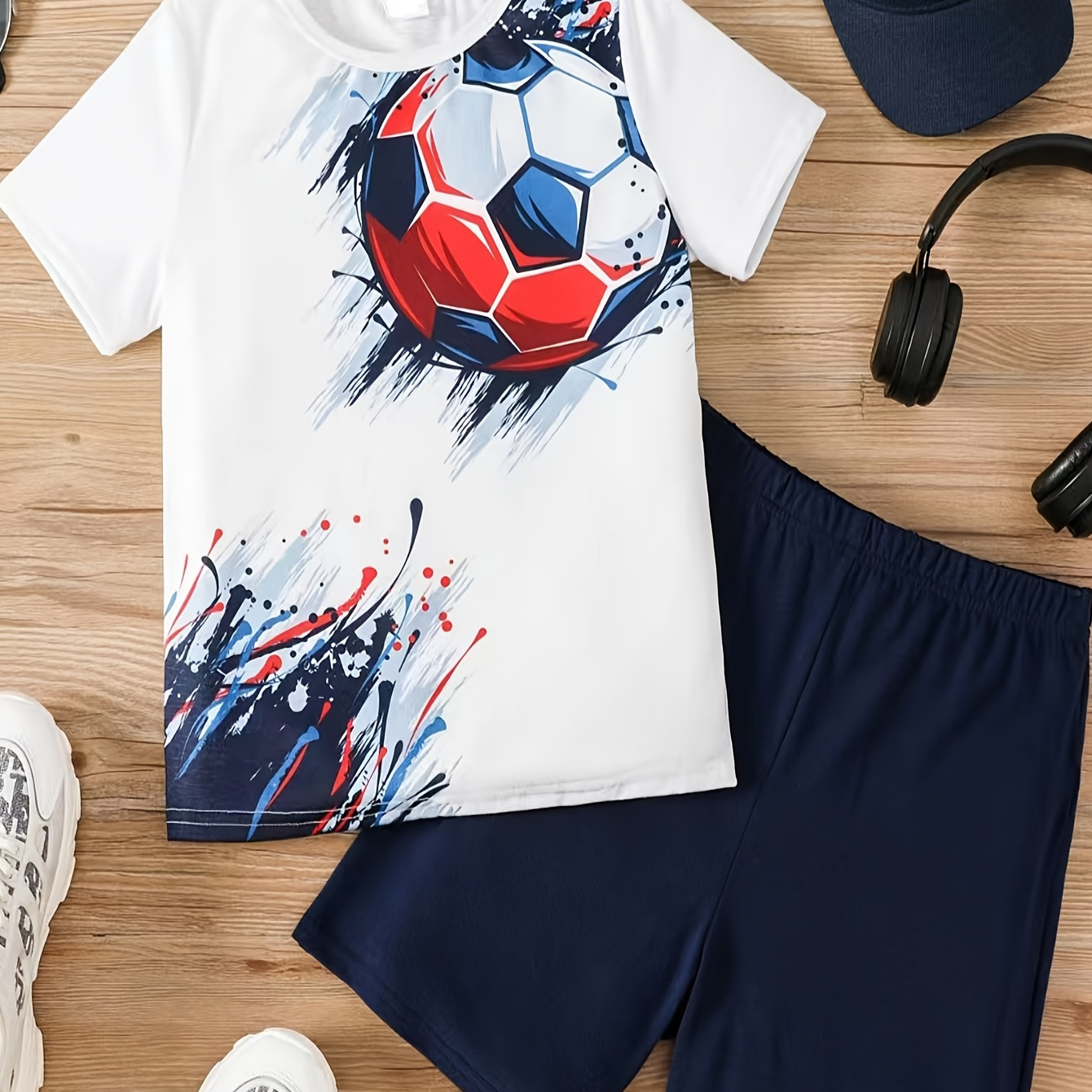 

Boys Football Graphic Casual Outfit Round Neck T-shirt & Shorts For Summer Kids Clothes