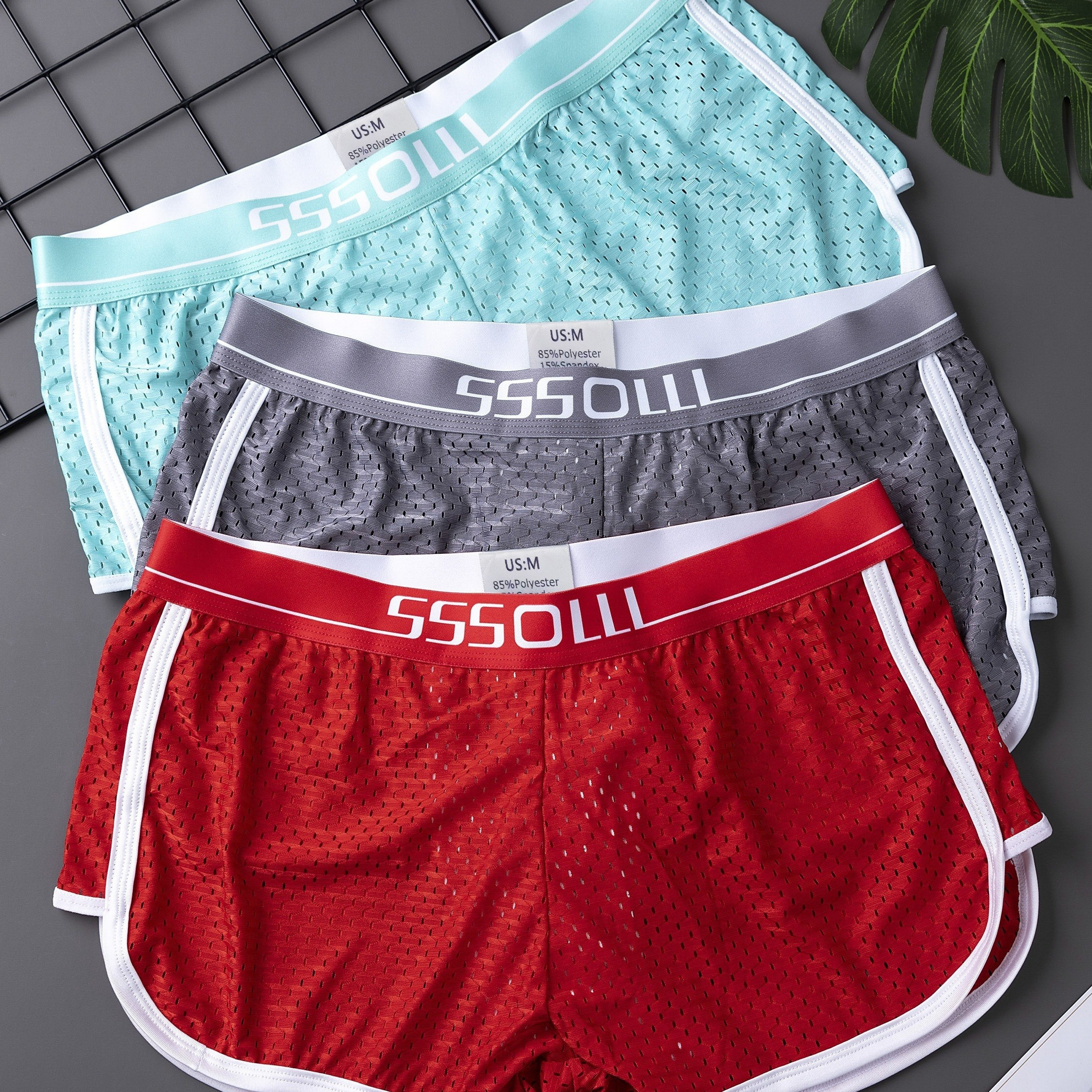 

Série de style sportif élégant - 3 boxers en mesh respirant pour homme avec ceinture à lettres - Shorts confortables, à séchage rapide et respirants