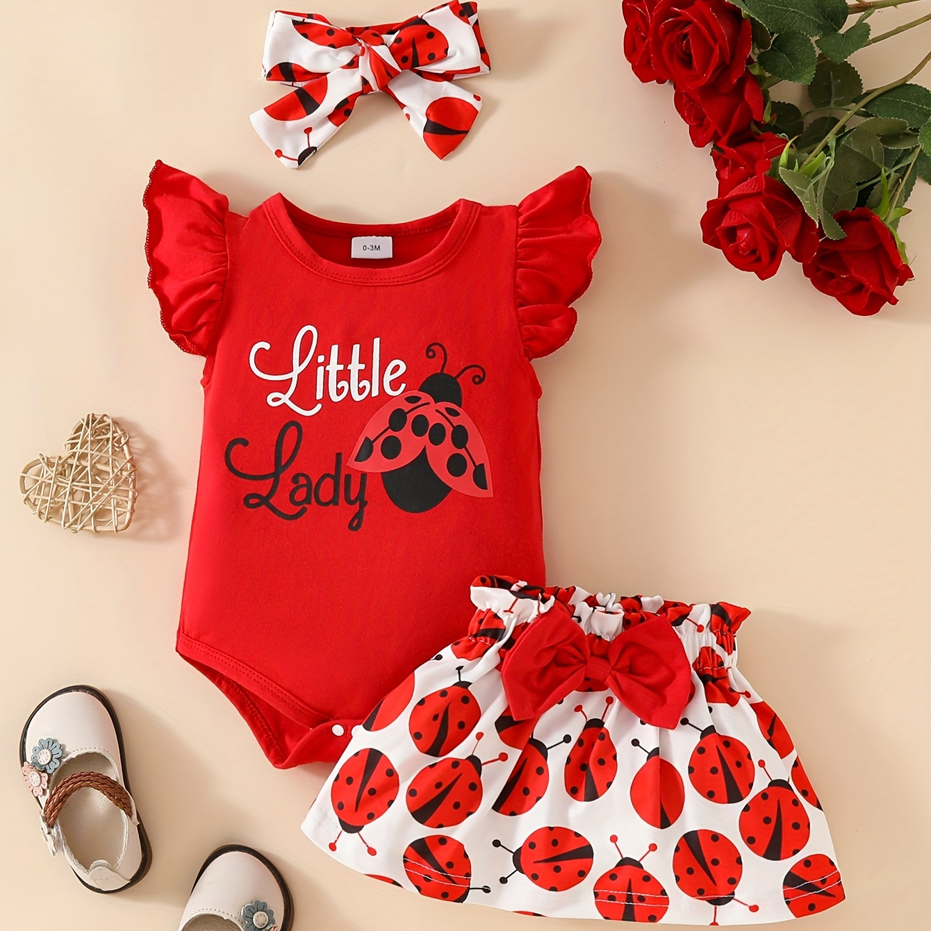 

Baby's "little Lady" Print 2pcs Casual Summer Outfit, Sleeve Onesie & Headband & Ladybug Full Print Skirt Set, Toddler & Infant Girl's Clothes For Daily/holiday, As Gift