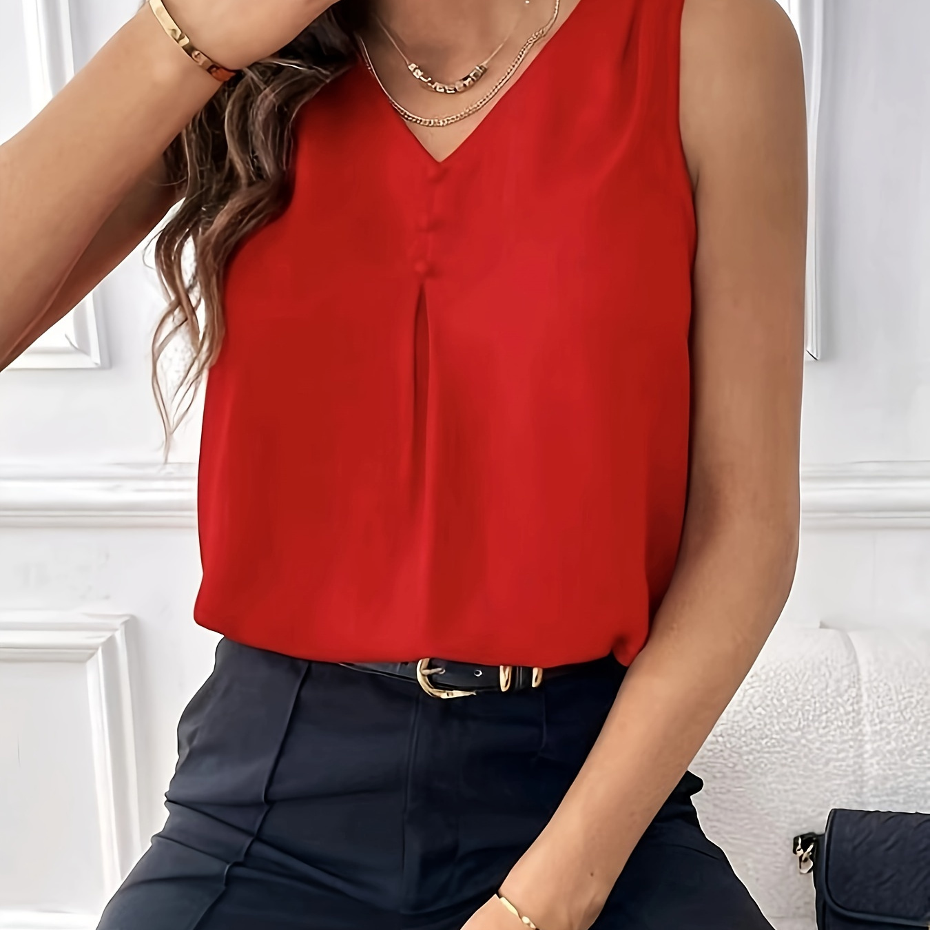 

Solid V-neck Simple Tank Top, Elegant Sleeveless Top For Summer, Women's Clothing