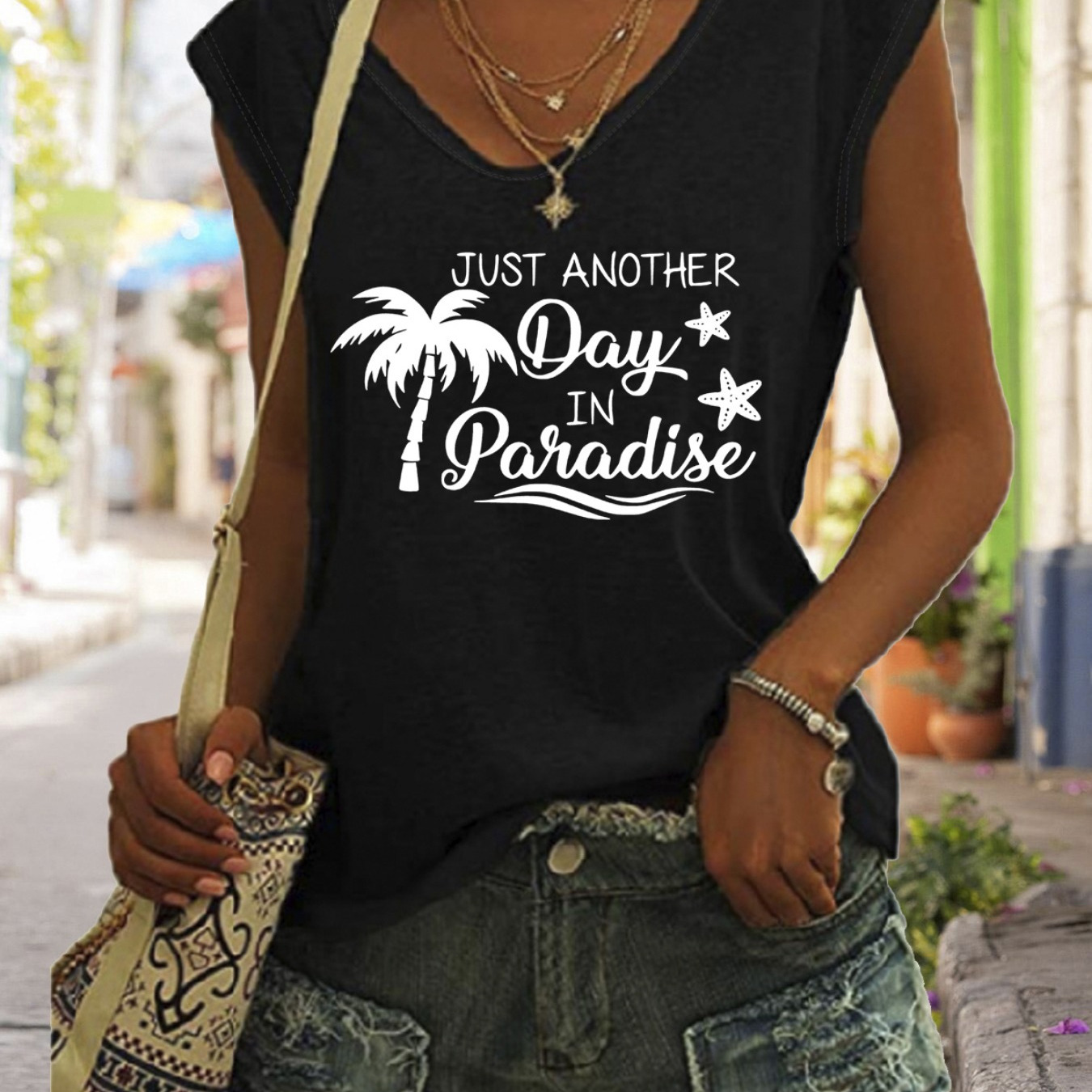 

Coconut Tree Print Tank Top, Cap Sleeve Casual Top For Summer & Spring, Women's Clothing
