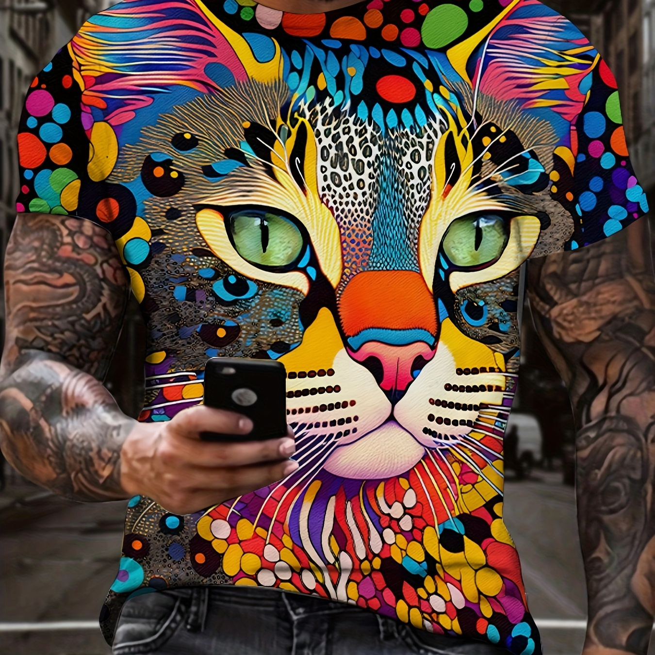 Colorful Art Cat 3d Digital Pattern Print Men's Graphic T - Temu