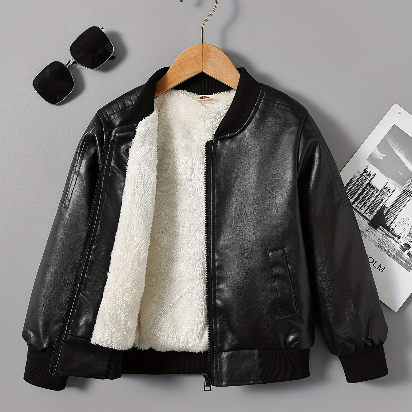 

Boys Girls Pu Leather Jacket For Winter, Fleece Lined Casual Motorcycle Jacket Coat For Outwear