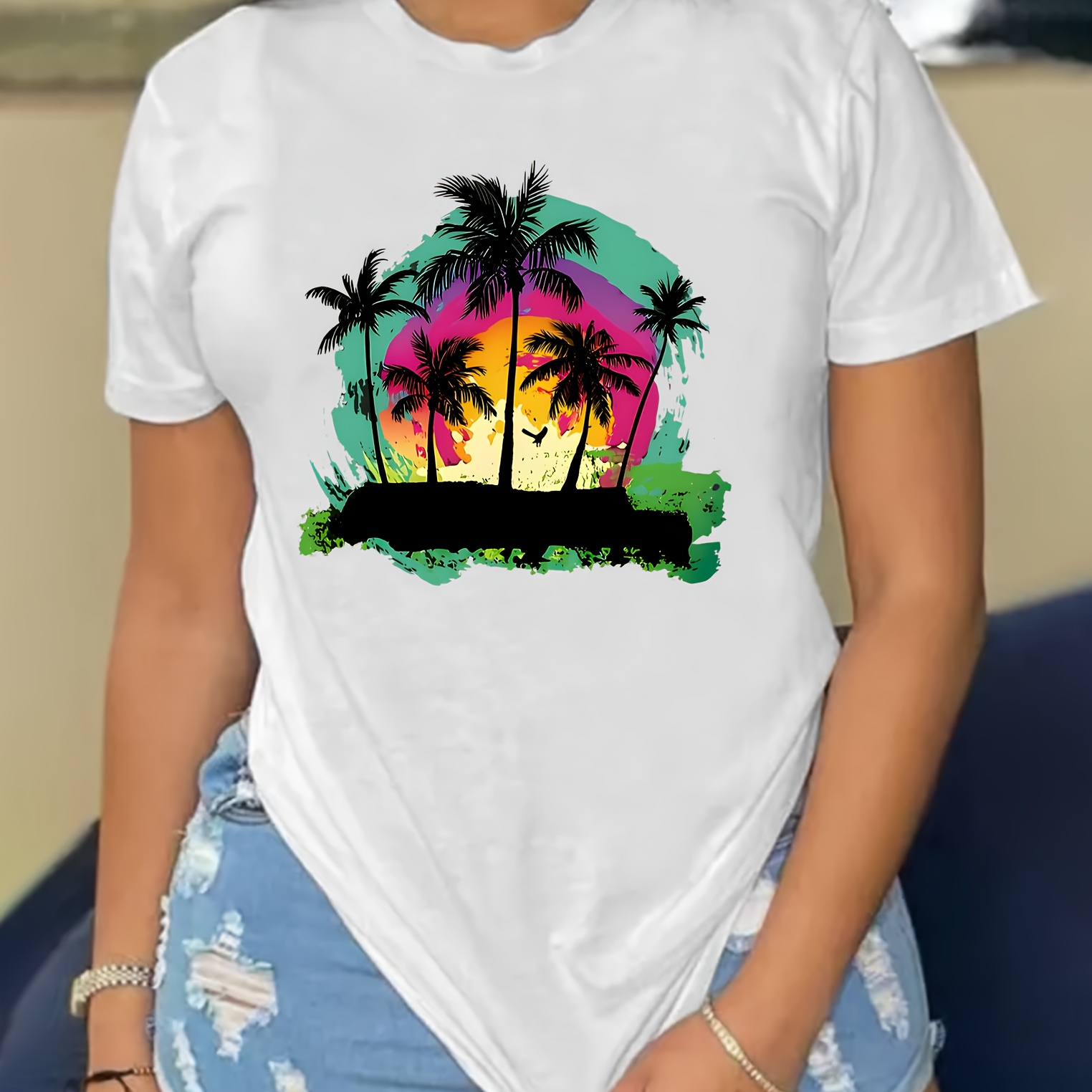 

Sunset & Coconut Tree Print T-shirt, Short Sleeve Crew Neck Casual Top For Summer & Spring, Women's Clothing