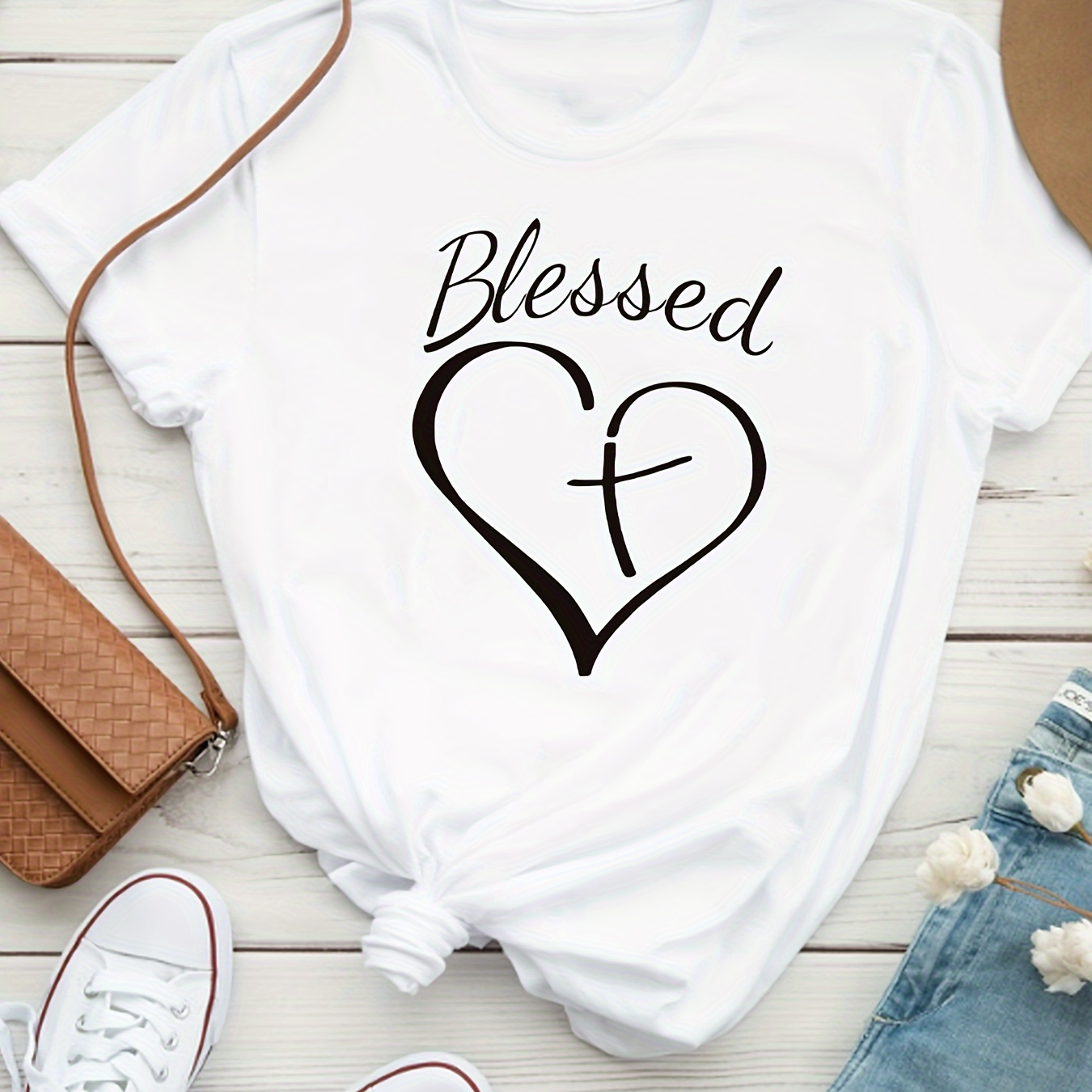 

Heart & Blessed Letter Print T-shirt, Casual Crew Neck Short Sleeve Top For Spring & Summer, Women's Clothing