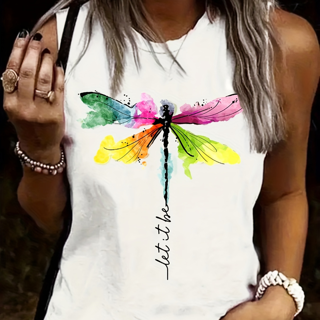 

Dragonfly Print Tank Top, Sleeveless Crew Neck Casual Top For Spring & Summer, Women's Clothing
