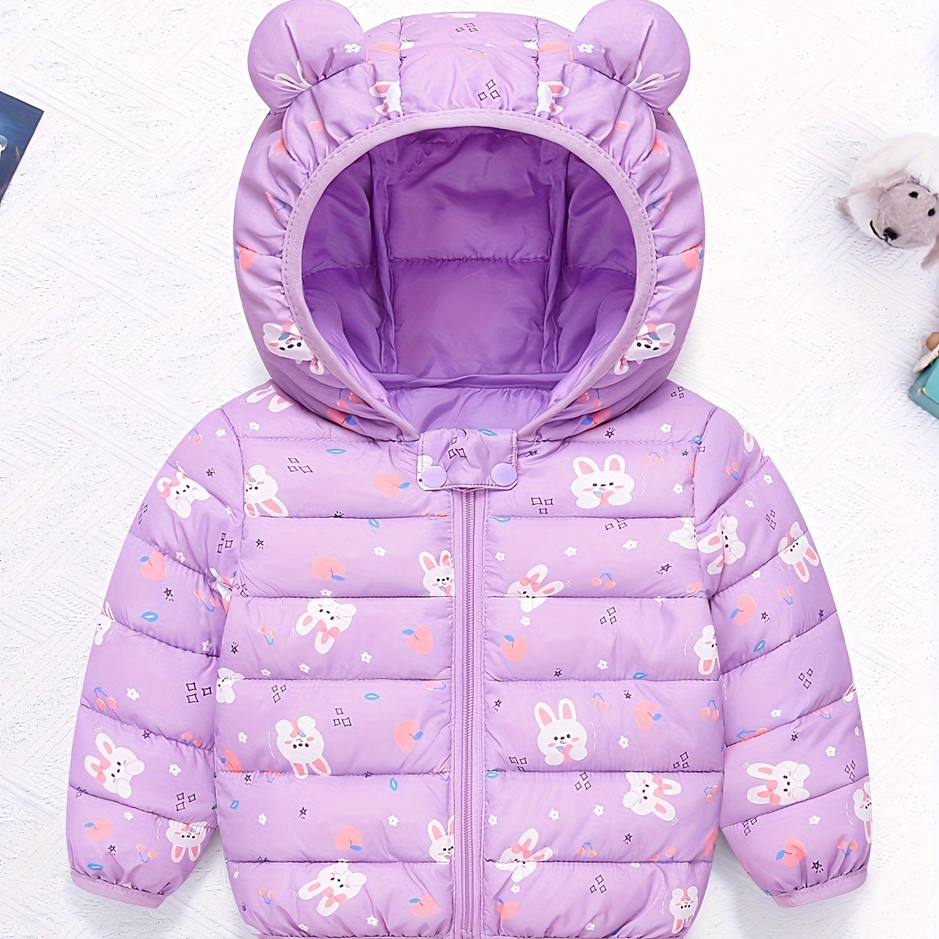 

Baby's Cute Bear Ears Hooded Jacket, Warm Zip Up Padded Coat, Baby Boy's Clothing For